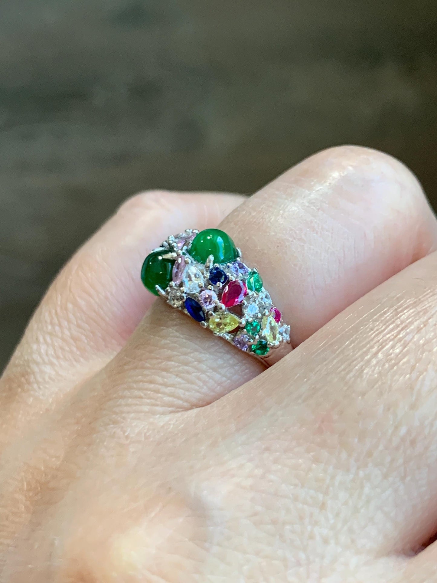 Natural Grade A Guatemalan Icy Translucent Vibrant Green Jade Jadeite Band Ring Sterling Silver Size 6.5 Adjustable 天然冰危绿翡翠花开富贵银镶戒指 HKFG88