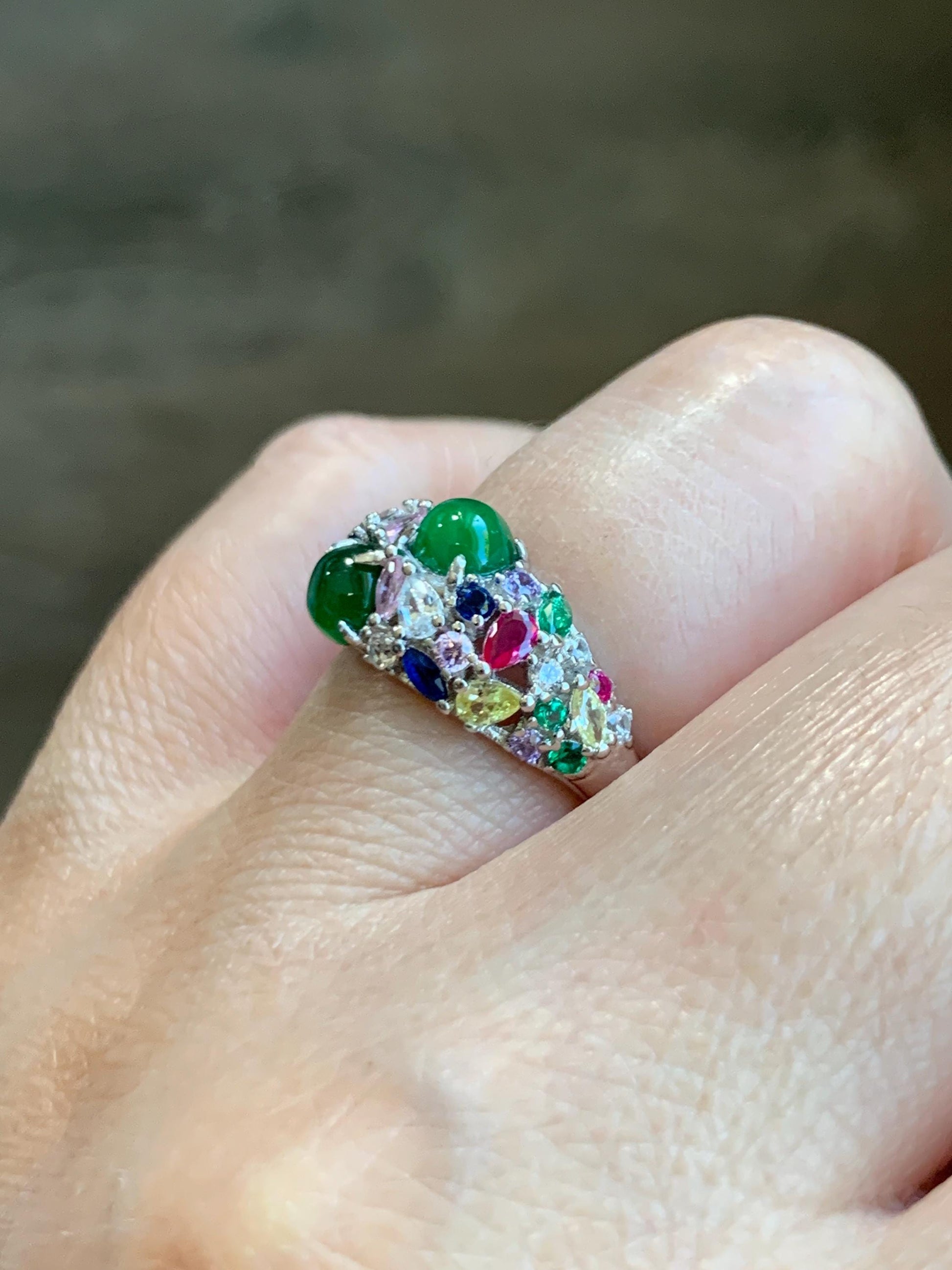 Natural Grade A Guatemalan Icy Translucent Vibrant Green Jade Jadeite Band Ring Sterling Silver Size 6.5 Adjustable 天然冰危绿翡翠花开富贵银镶戒指 HKFG88