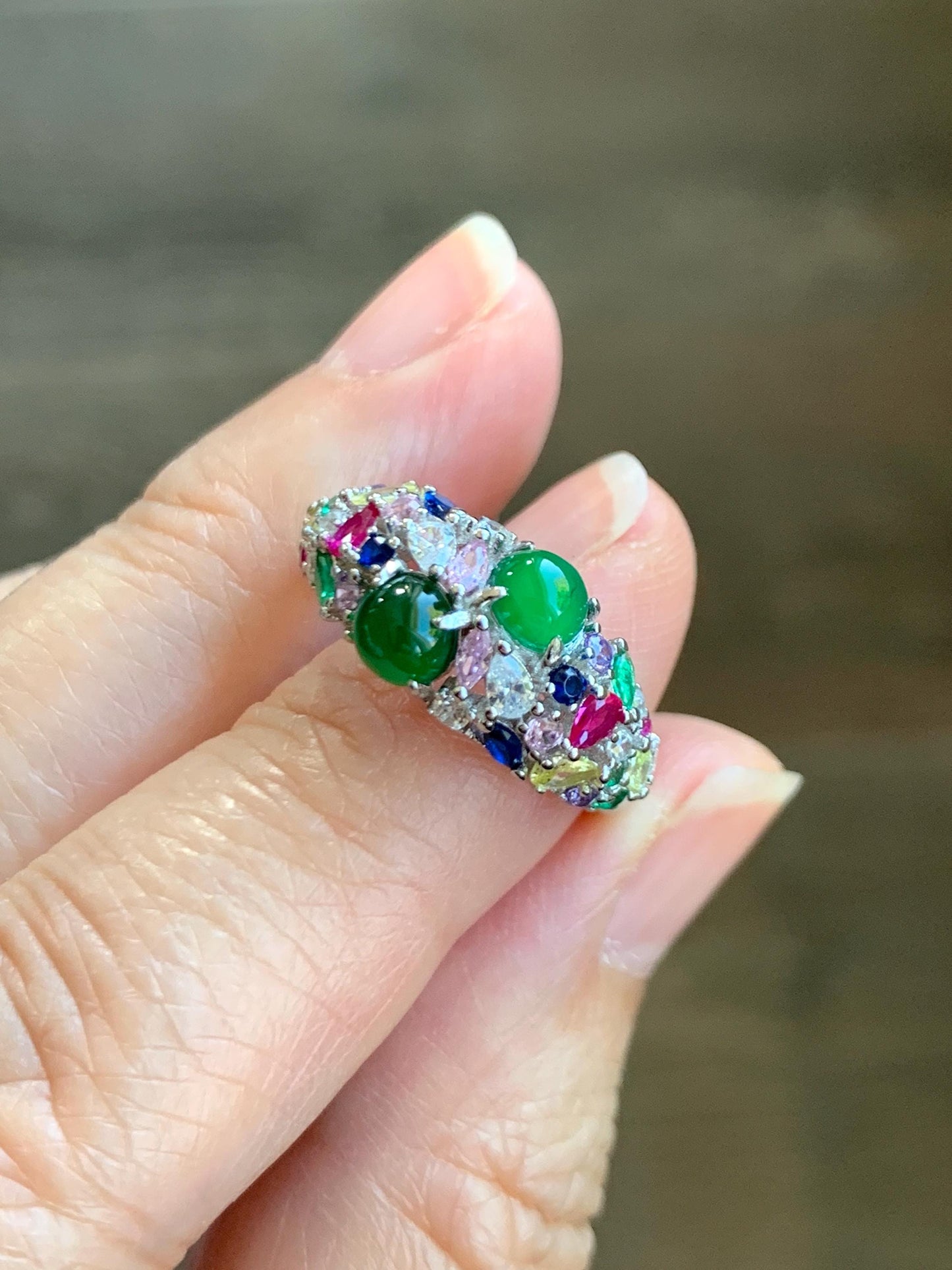 Natural Grade A Guatemalan Icy Translucent Vibrant Green Jade Jadeite Band Ring Sterling Silver Size 6.5 Adjustable 天然冰危绿翡翠花开富贵银镶戒指 HKFG88