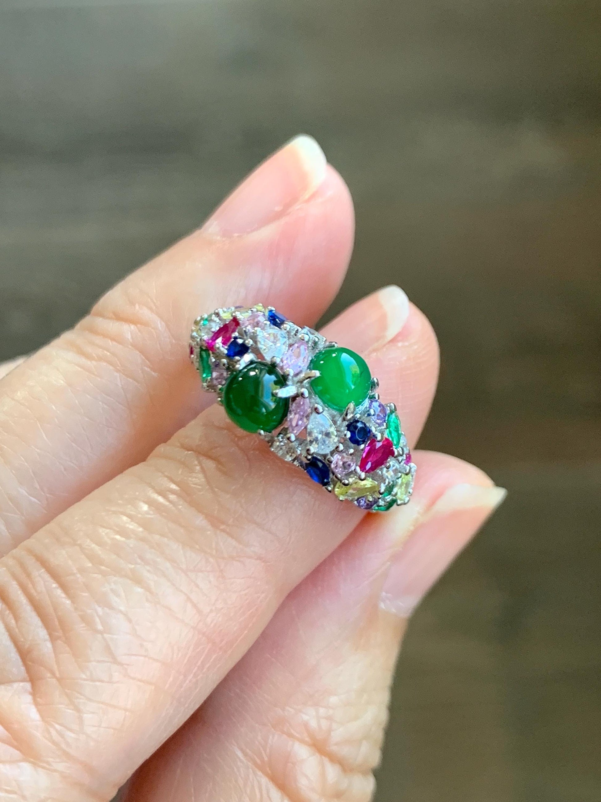 Natural Grade A Guatemalan Icy Translucent Vibrant Green Jade Jadeite Band Ring Sterling Silver Size 6.5 Adjustable 天然冰危绿翡翠花开富贵银镶戒指 HKFG88