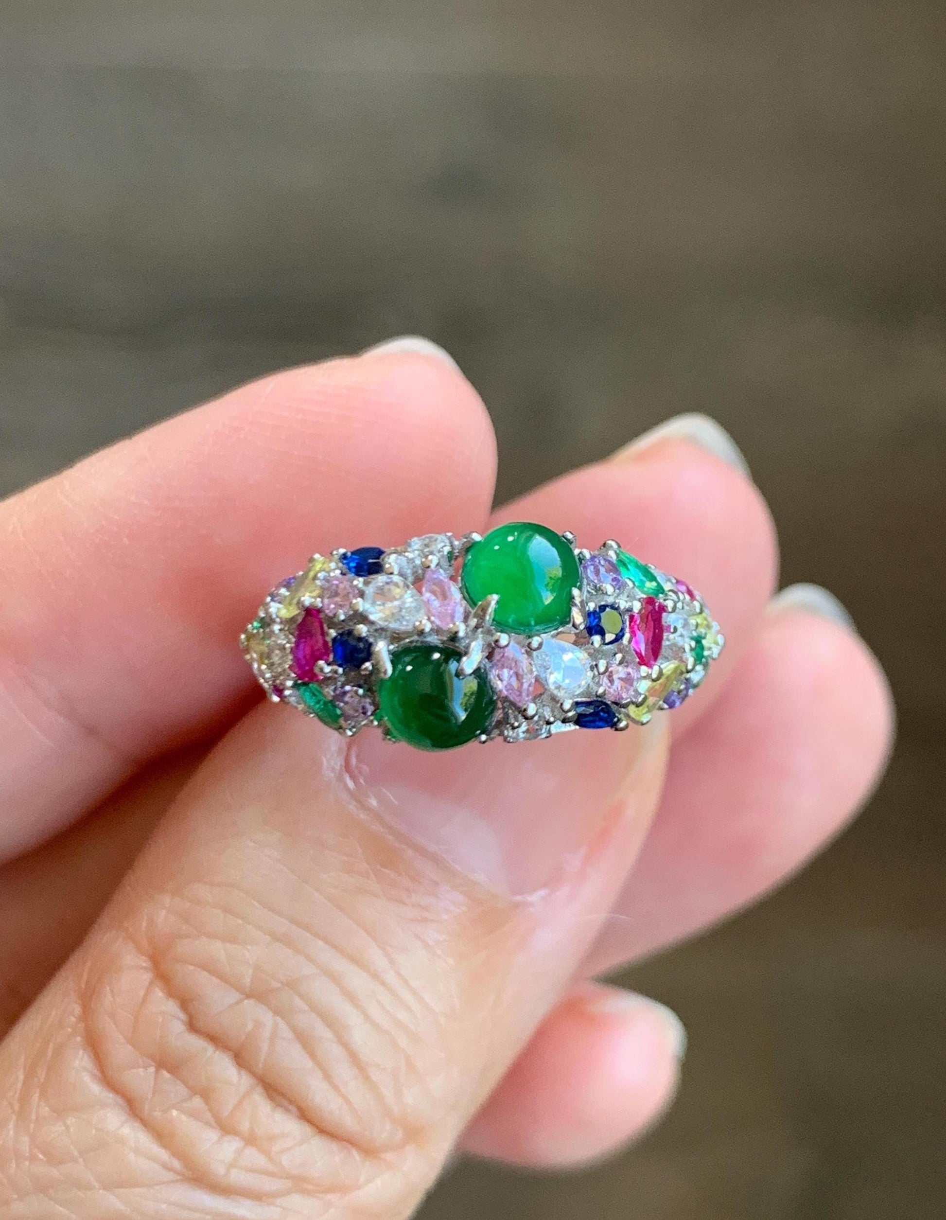Natural Grade A Guatemalan Icy Translucent Vibrant Green Jade Jadeite Band Ring Sterling Silver Size 6.5 Adjustable 天然冰危绿翡翠花开富贵银镶戒指 HKFG88
