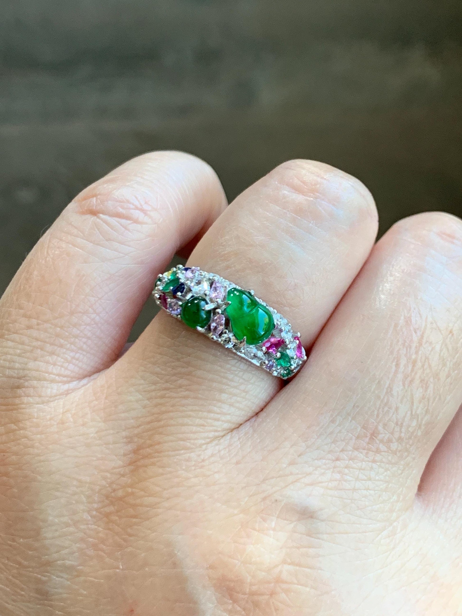 Natural Grade A Guatemalan Icy Translucent Vibrant Green Jade Jadeite Band Ring Sterling Silver Size 7 Adjustable 天然冰危绿翡翠花开富贵银镶戒指 HKFL98