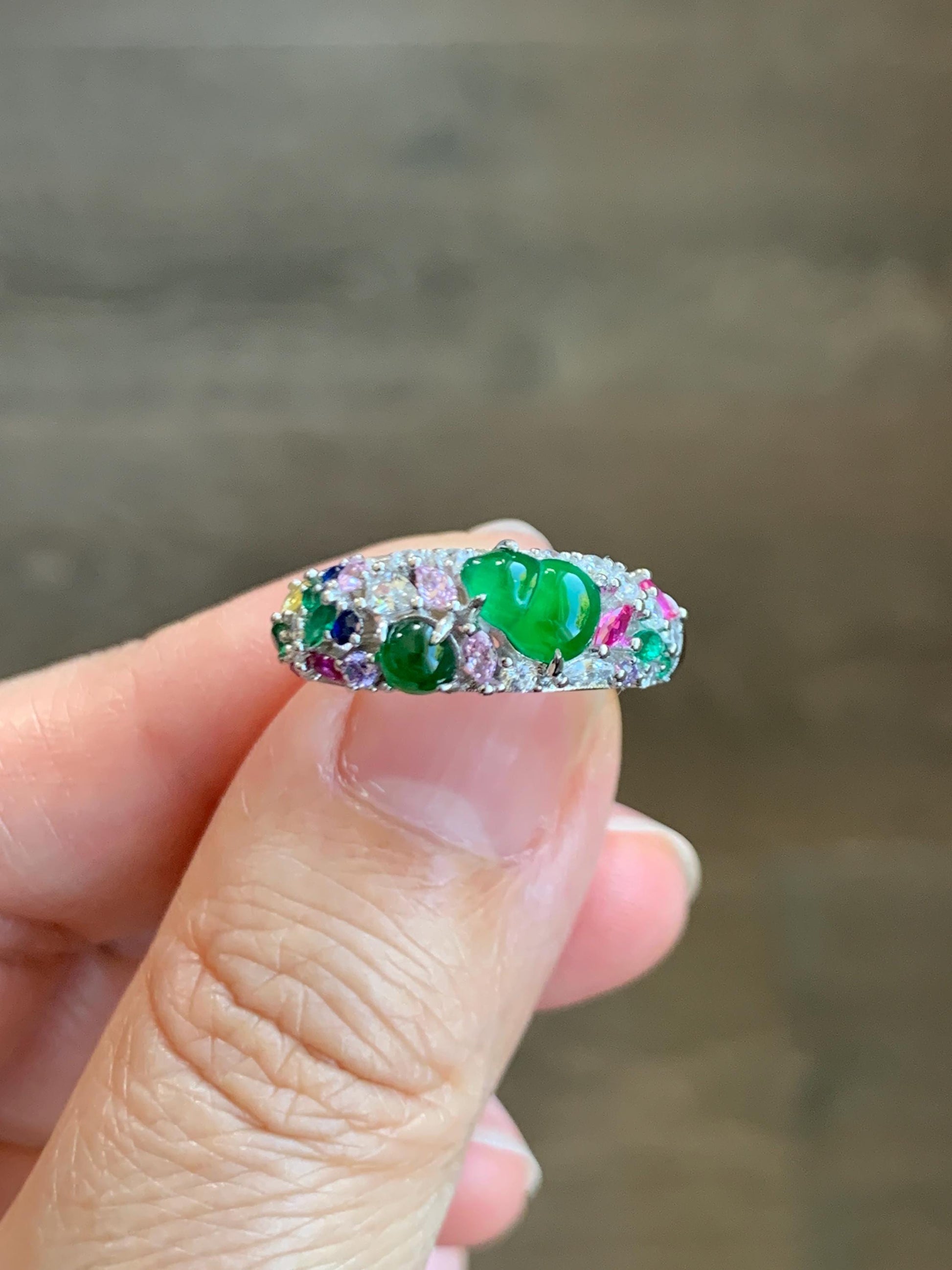Natural Grade A Guatemalan Icy Translucent Vibrant Green Jade Jadeite Band Ring Sterling Silver Size 7 Adjustable 天然冰危绿翡翠花开富贵银镶戒指 HKFL98