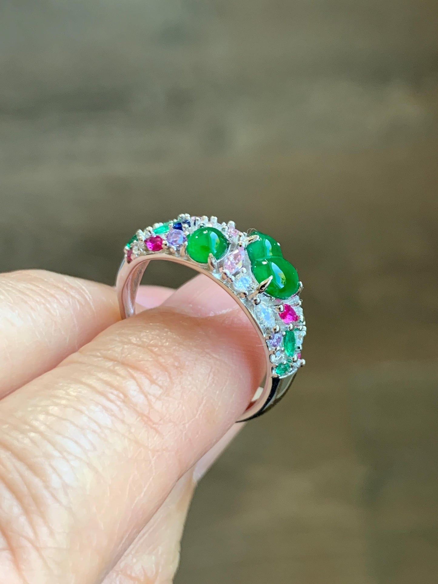 Natural Grade A Guatemalan Icy Translucent Vibrant Green Jade Jadeite Band Ring Sterling Silver Size 7 Adjustable 天然冰危绿翡翠花开富贵银镶戒指 HKFL98