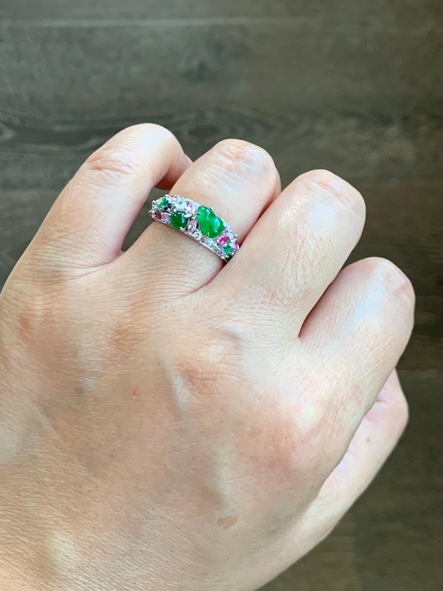 Natural Grade A Guatemalan Icy Translucent Vibrant Green Jade Jadeite Band Ring Sterling Silver Size 7 Adjustable 天然冰危绿翡翠花开富贵银镶戒指 HKFL98