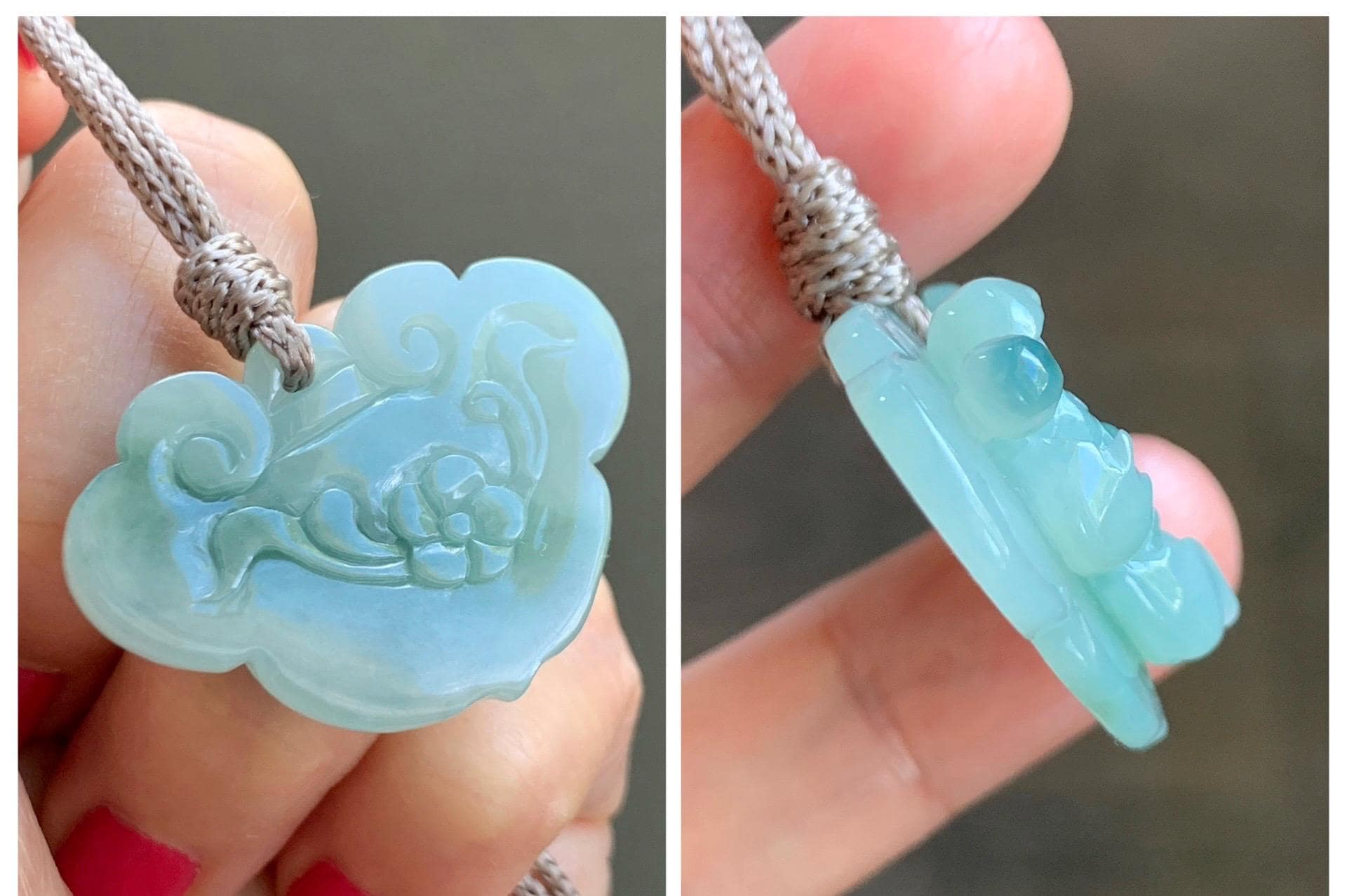 Natural Grade A Icy Translucent Light & Dark Green Marbled Jade Jadeite Lotus Flower Lock Pendant Rope Necklace 26" 13g 天然冰飘花翡翠莲花锁吊坠 LHS161