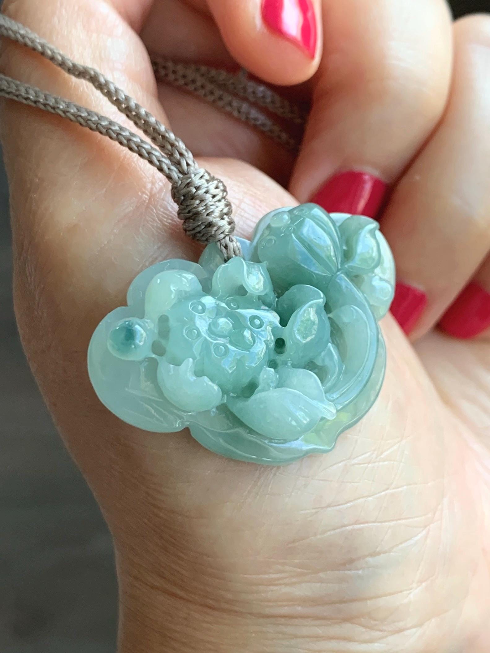 Natural Grade A Icy Translucent Light & Dark Green Marbled Jade Jadeite Lotus Flower Lock Pendant Rope Necklace 26" 13g 天然冰飘花翡翠莲花锁吊坠 LHS161