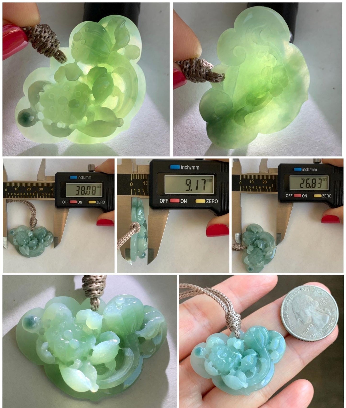 Natural Grade A Icy Translucent Light & Dark Green Marbled Jade Jadeite Lotus Flower Lock Pendant Rope Necklace 26" 13g 天然冰飘花翡翠莲花锁吊坠 LHS161