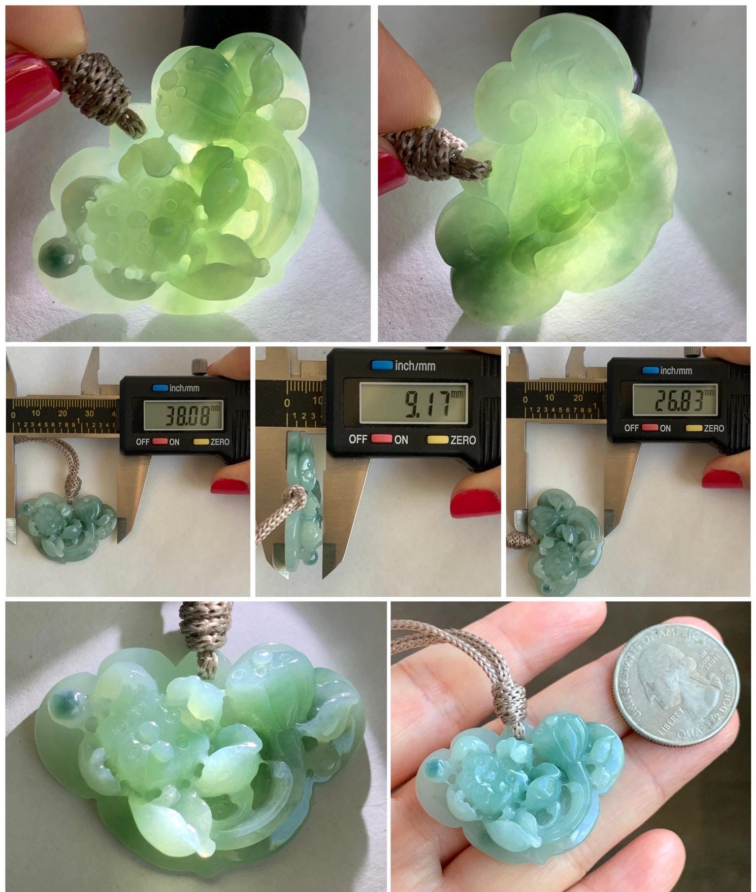 Natural Grade A Icy Translucent Light & Dark Green Marbled Jade Jadeite Lotus Flower Lock Pendant Rope Necklace 26" 13g 天然冰飘花翡翠莲花锁吊坠 LHS161