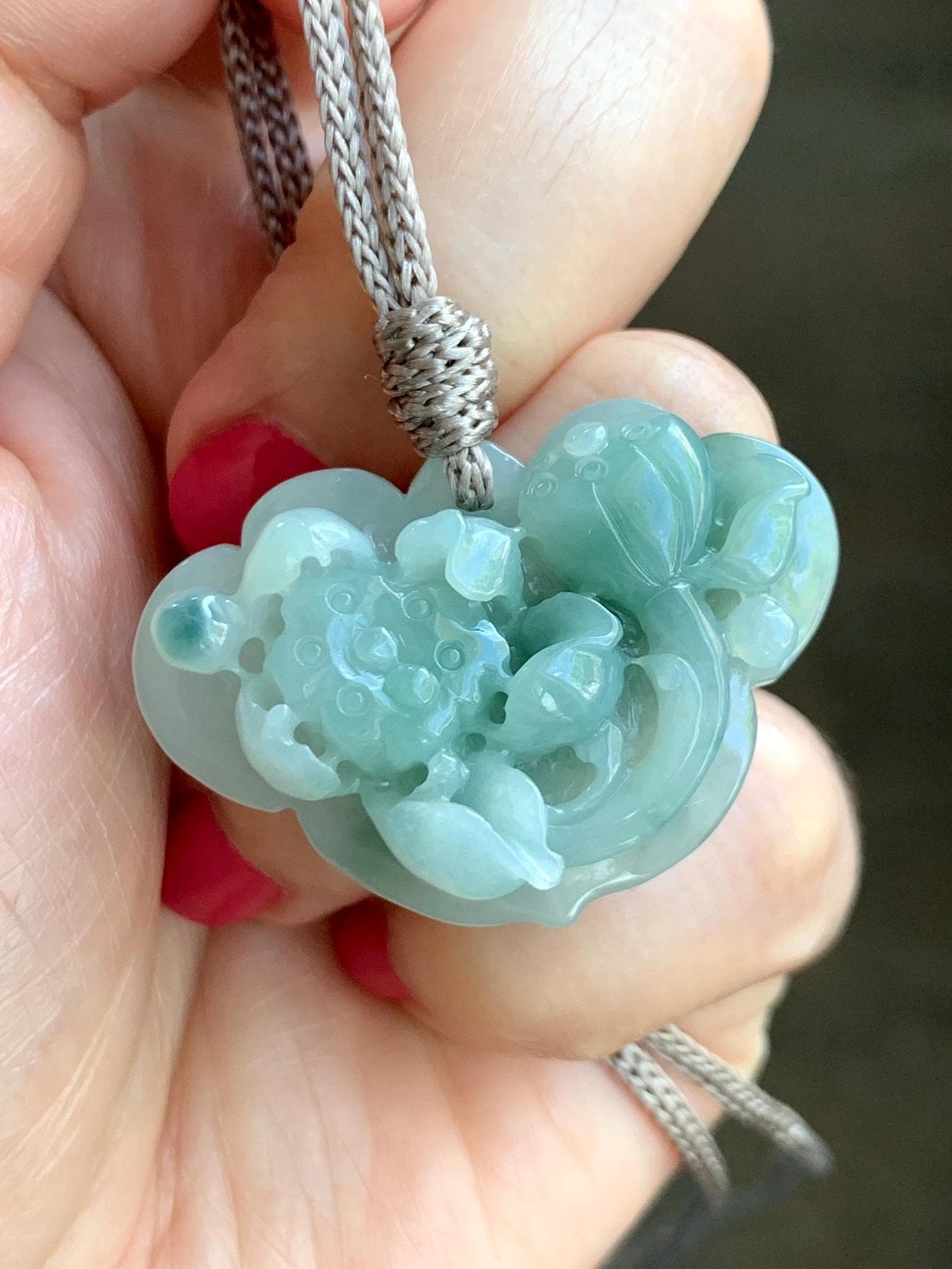 Natural Grade A Icy Translucent Light & Dark Green Marbled Jade Jadeite Lotus Flower Lock Pendant Rope Necklace 26" 13g 天然冰飘花翡翠莲花锁吊坠 LHS161