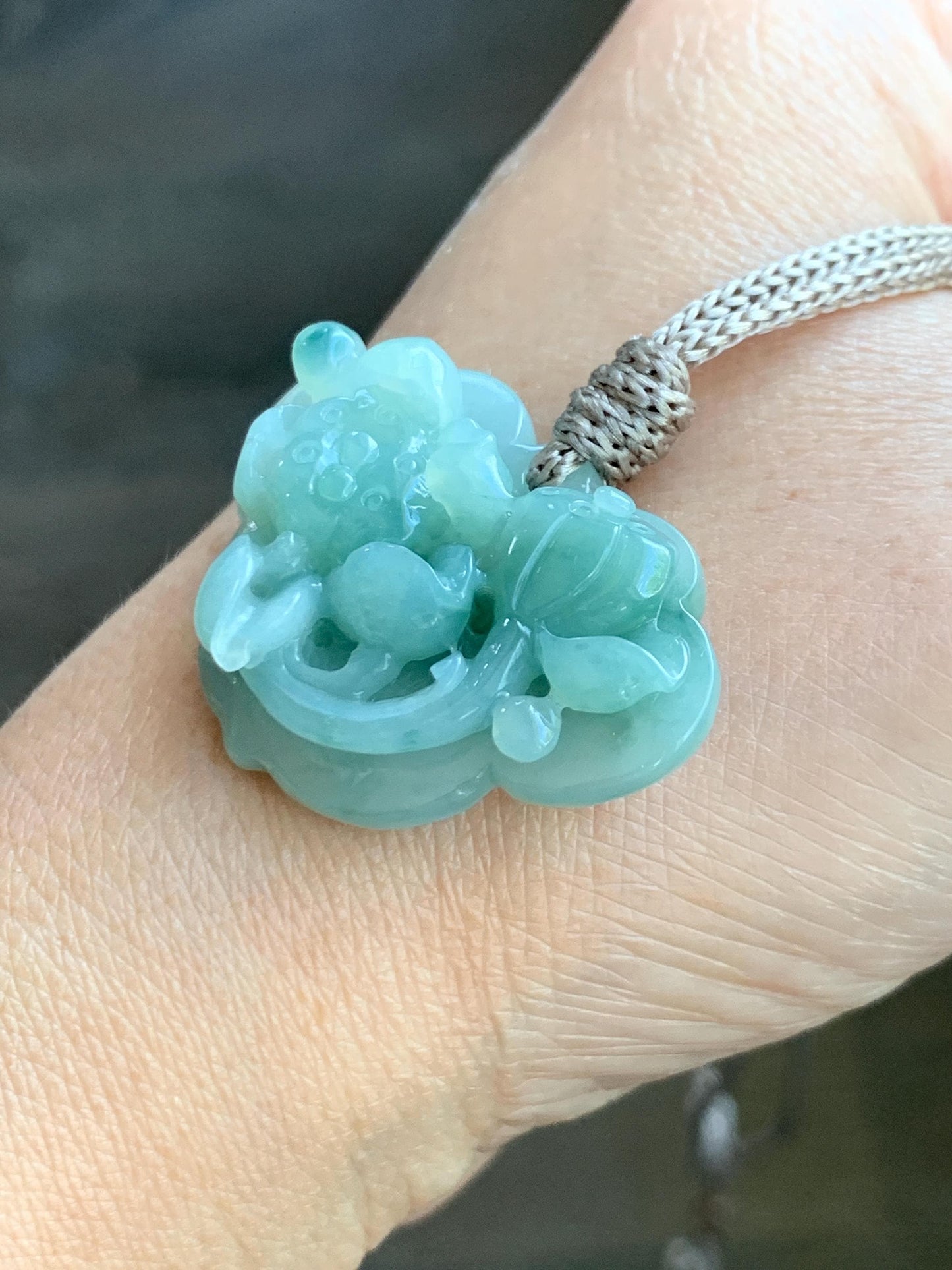 Natural Grade A Icy Translucent Light & Dark Green Marbled Jade Jadeite Lotus Flower Lock Pendant Rope Necklace 26" 13g 天然冰飘花翡翠莲花锁吊坠 LHS161