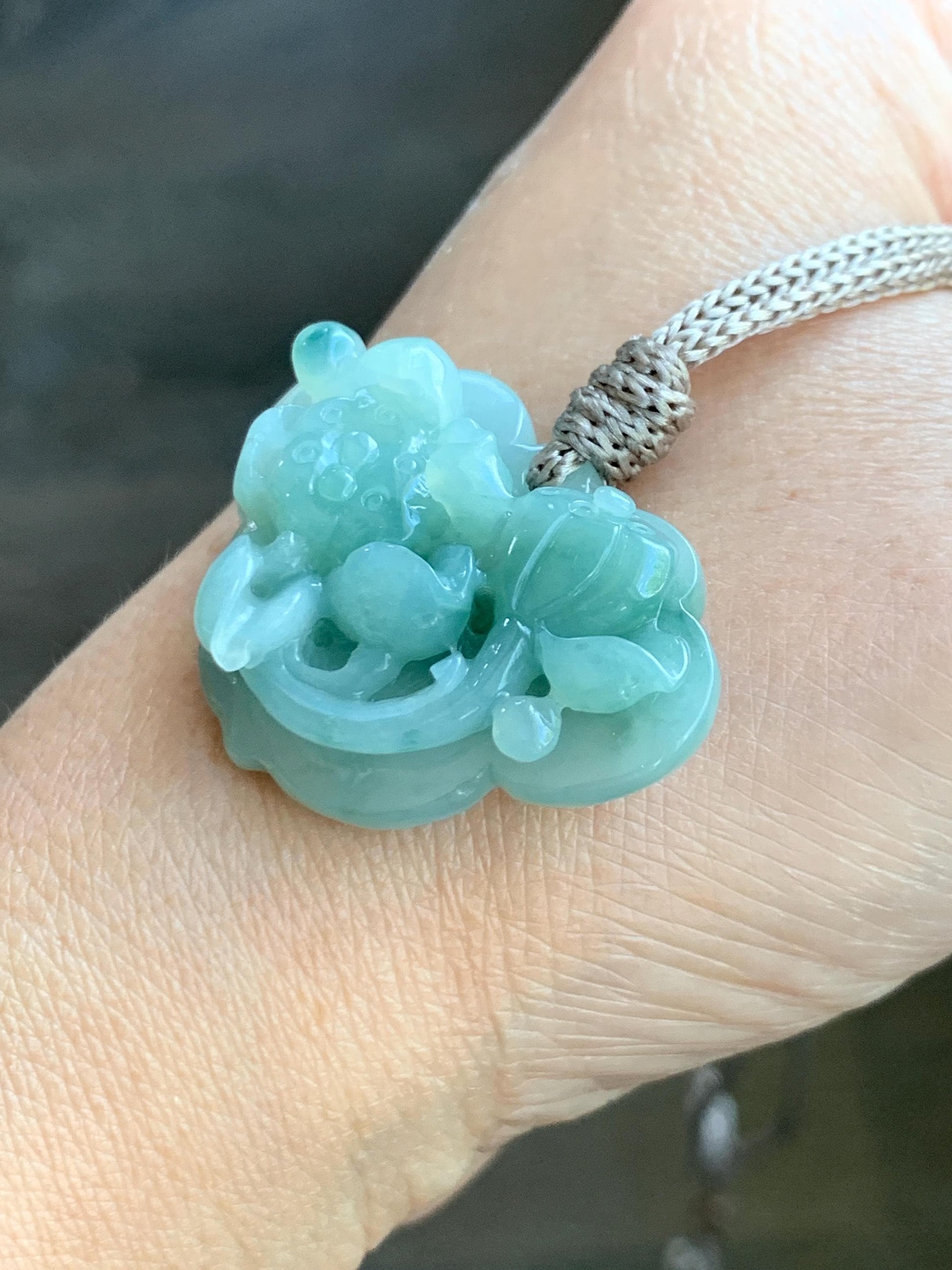 Natural Grade A Icy Translucent Light & Dark Green Marbled Jade Jadeite Lotus Flower Lock Pendant Rope Necklace 26" 13g 天然冰飘花翡翠莲花锁吊坠 LHS161
