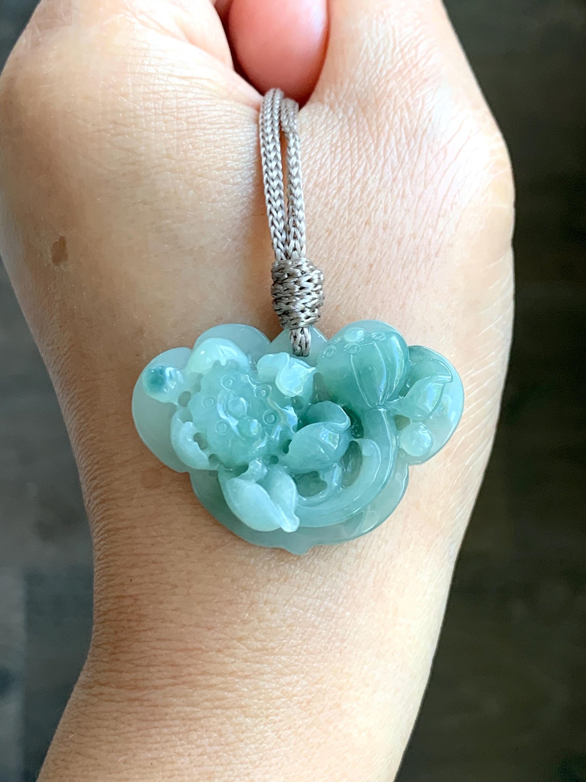 Natural Grade A Icy Translucent Light & Dark Green Marbled Jade Jadeite Lotus Flower Lock Pendant Rope Necklace 26" 13g 天然冰飘花翡翠莲花锁吊坠 LHS161