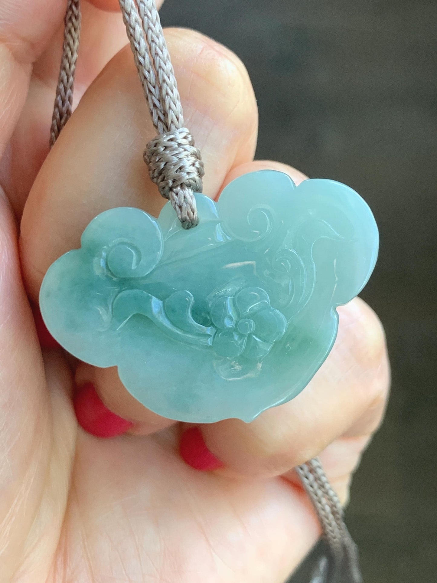 Natural Grade A Icy Translucent Light & Dark Green Marbled Jade Jadeite Lotus Flower Lock Pendant Rope Necklace 26" 13g 天然冰飘花翡翠莲花锁吊坠 LHS161
