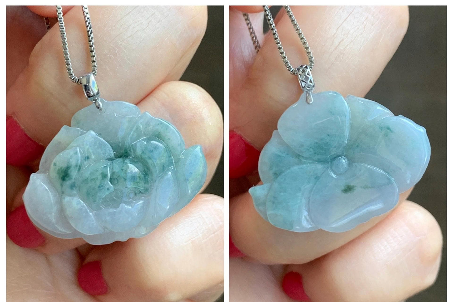 Natural Grade A Icy Translucent Green Marbled Jade Jadeite Carved Lotus Flower Pendant 18K White Gold 7g 天然冰飘花翡翠莲花镶嵌吊坠 MPLH176A