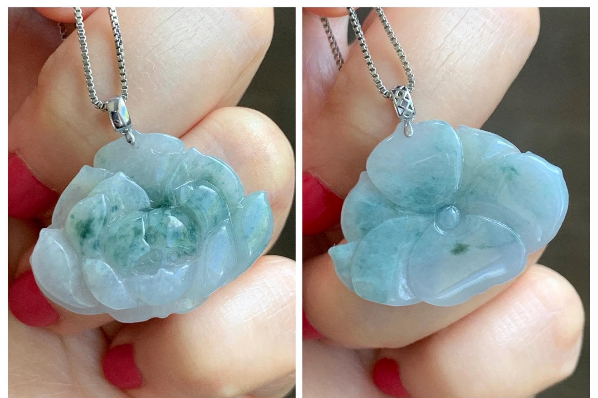 Natural Grade A Icy Translucent Green Marbled Jade Jadeite Carved Lotus Flower Pendant 18K White Gold 7g 天然冰飘花翡翠莲花镶嵌吊坠 MPLH176A