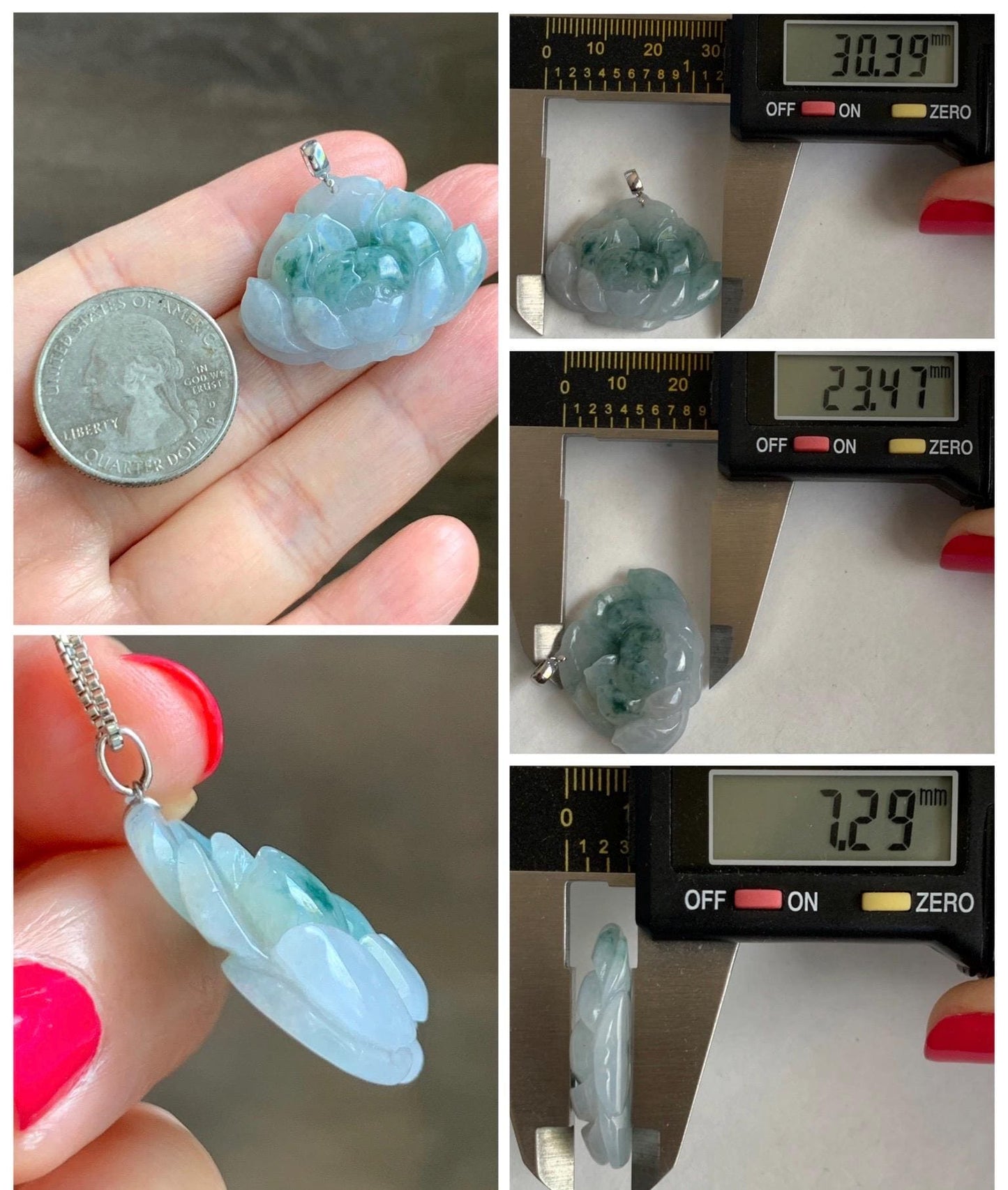 Natural Grade A Icy Translucent Green Marbled Jade Jadeite Carved Lotus Flower Pendant 18K White Gold 7g 天然冰飘花翡翠莲花镶嵌吊坠 MPLH176A