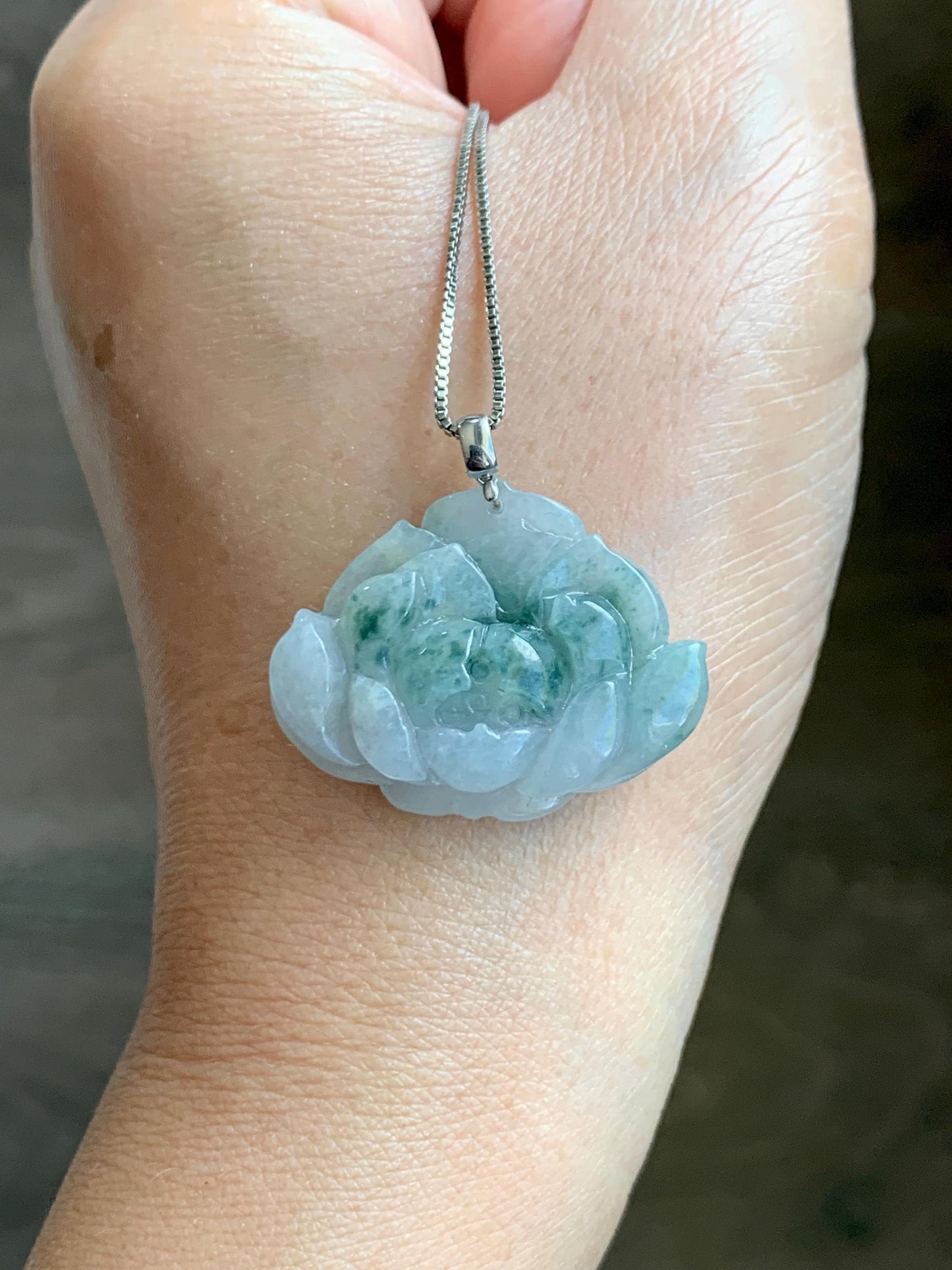 Natural Grade A Icy Translucent Green Marbled Jade Jadeite Carved Lotus Flower Pendant 18K White Gold 7g 天然冰飘花翡翠莲花镶嵌吊坠 MPLH176A