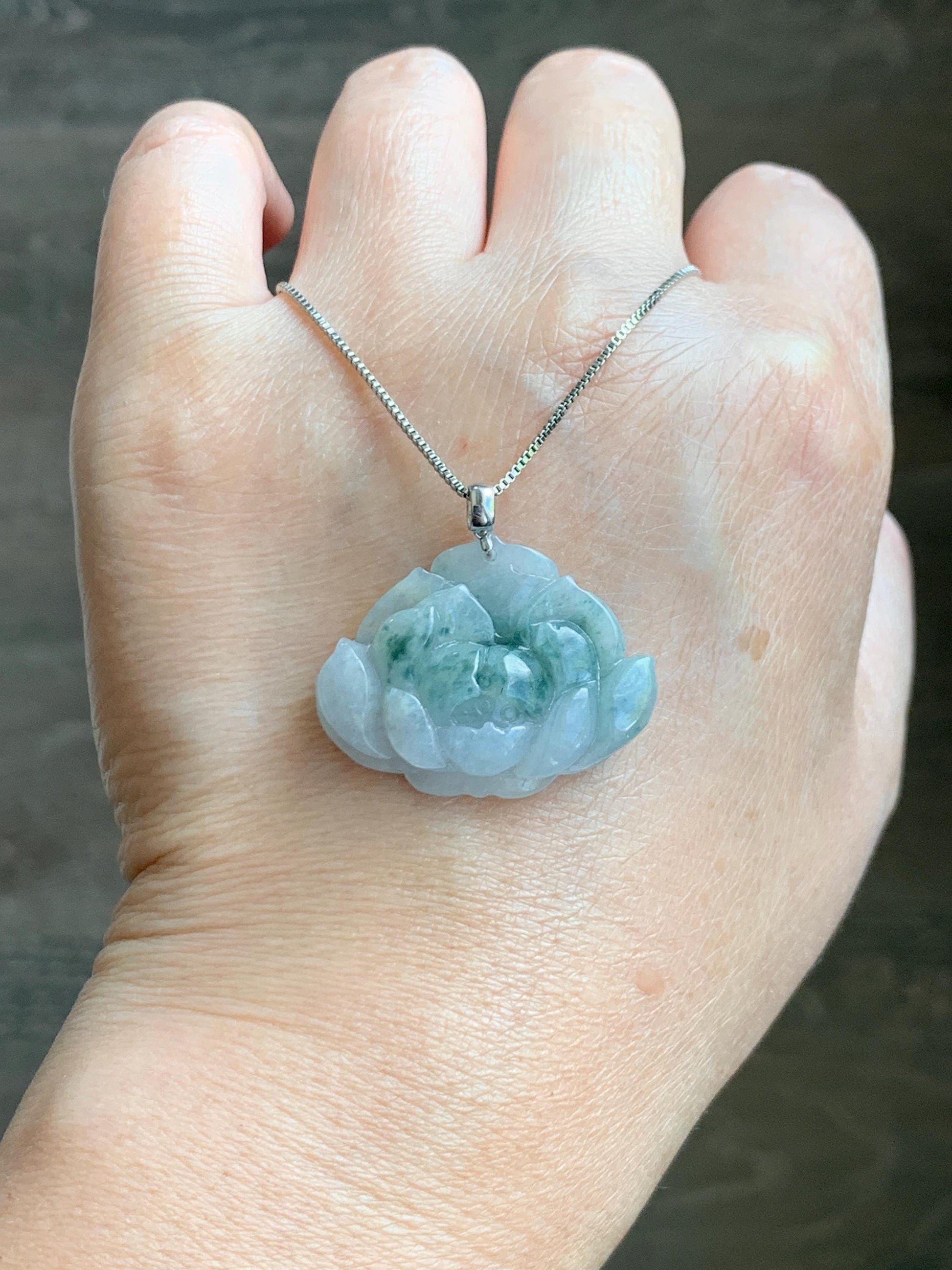 Natural Grade A Icy Translucent Green Marbled Jade Jadeite Carved Lotus Flower Pendant 18K White Gold 7g 天然冰飘花翡翠莲花镶嵌吊坠 MPLH176A