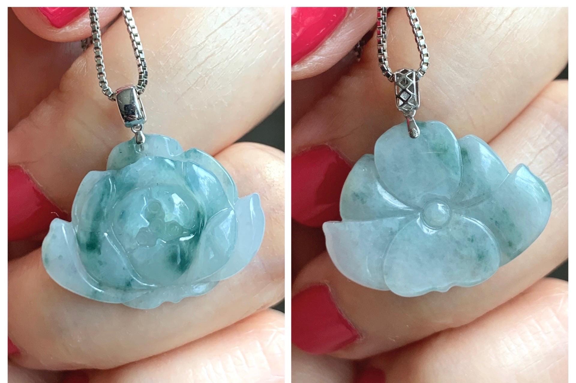 Natural Grade A Icy Translucent Green Marbled Jade Jadeite Carved Lotus Flower Pendant 18K White Gold 4g 天然冰飘花翡翠莲花镶嵌吊坠 MPLH176B