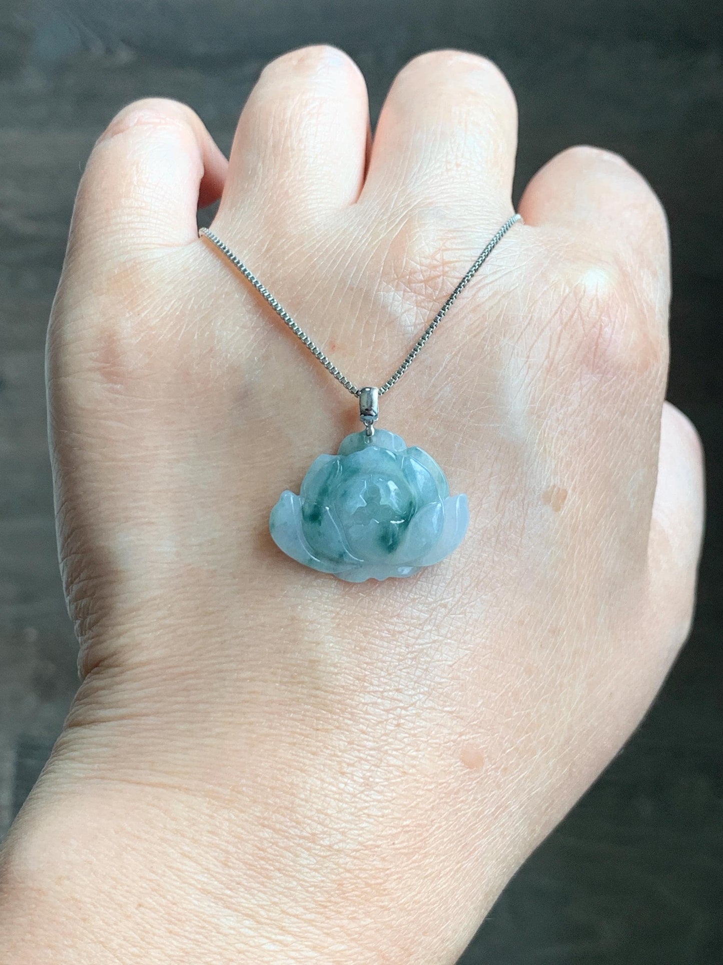 Natural Grade A Icy Translucent Green Marbled Jade Jadeite Carved Lotus Flower Pendant 18K White Gold 4g 天然冰飘花翡翠莲花镶嵌吊坠 MPLH176B