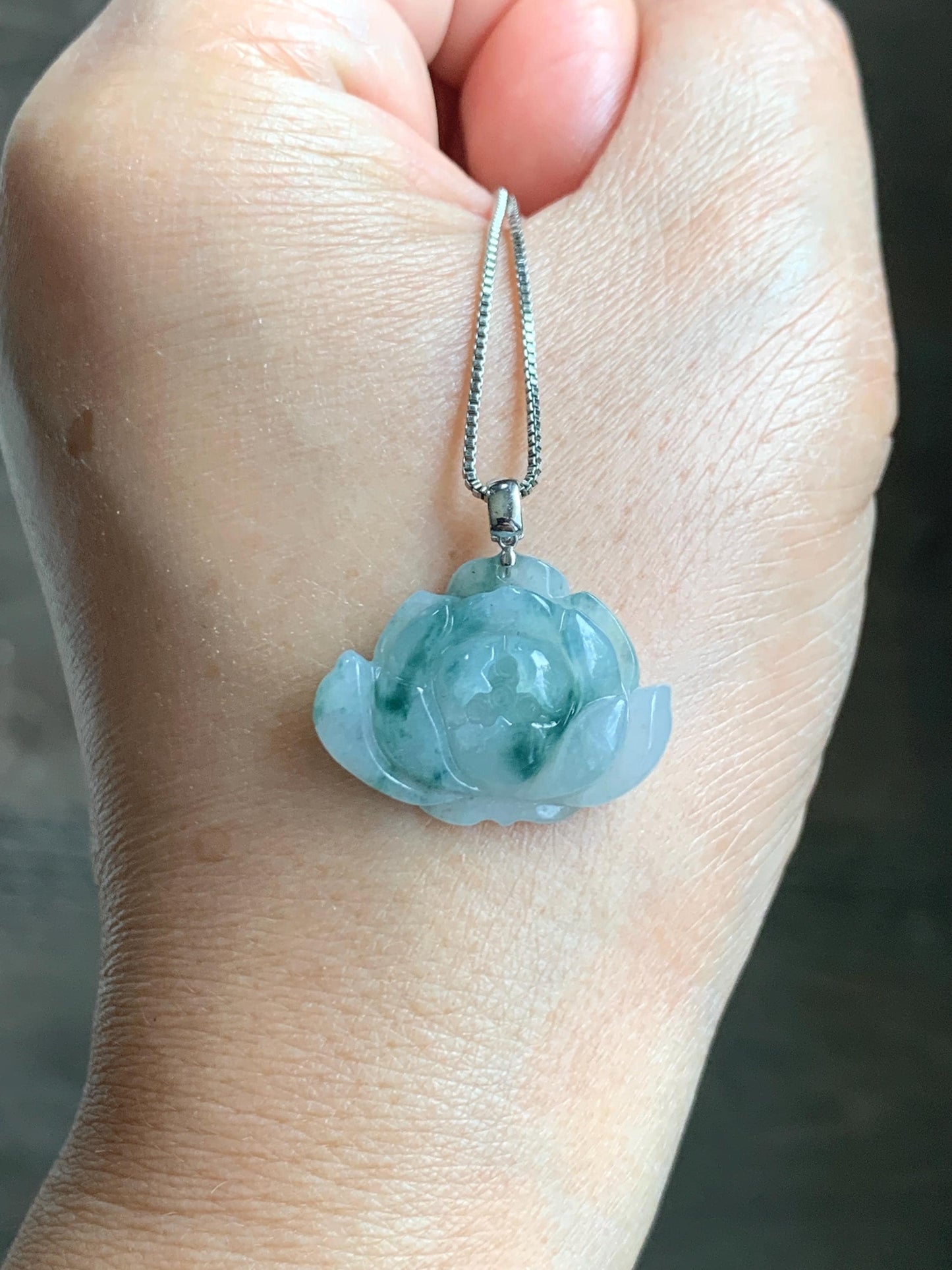 Natural Grade A Icy Translucent Green Marbled Jade Jadeite Carved Lotus Flower Pendant 18K White Gold 4g 天然冰飘花翡翠莲花镶嵌吊坠 MPLH176B