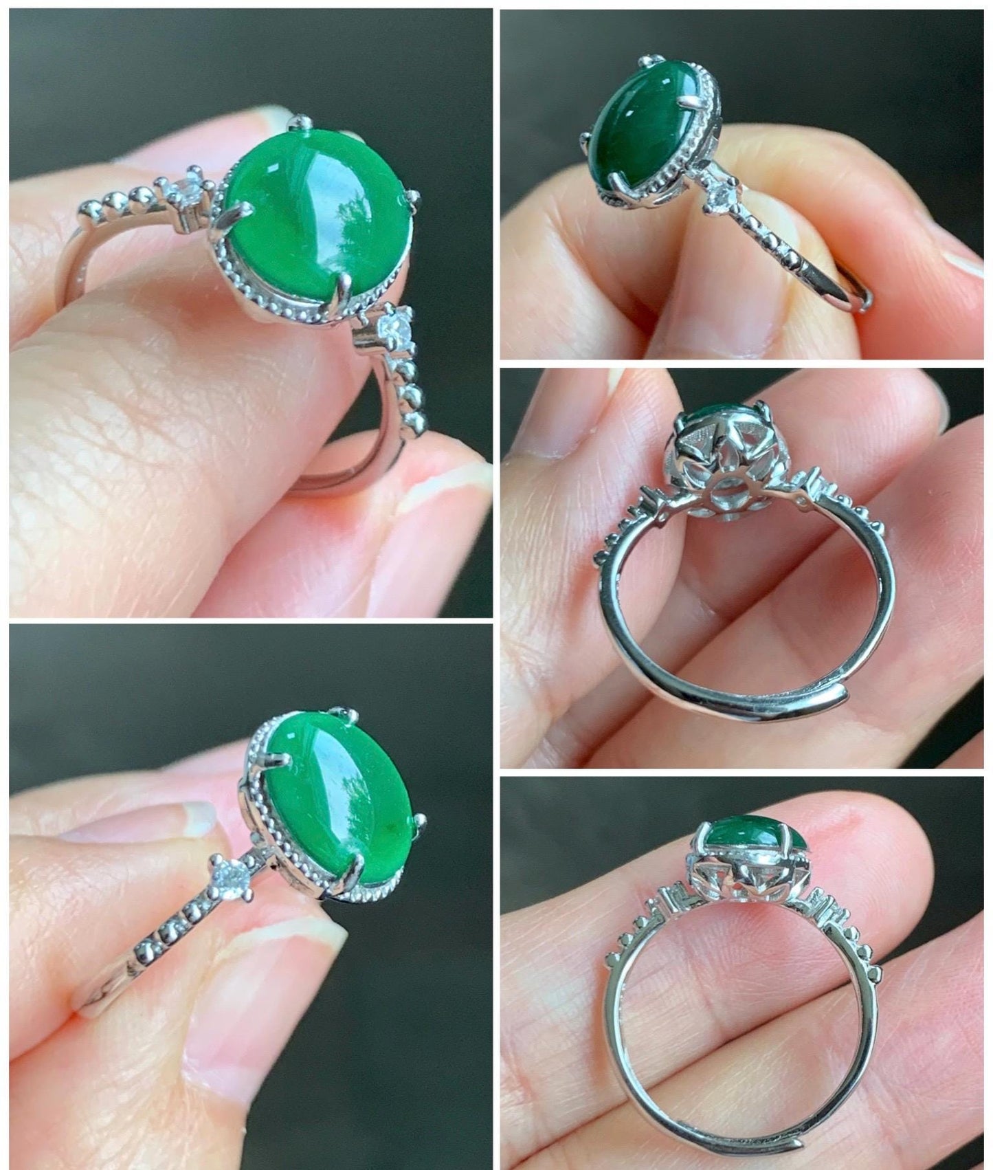 Natural Grade A Guatemalan Icy Translucent Dark Green Oval Cabochon Jade Jadeite Ring Sterling Silver Size Adjustable 天然冰危绿翡翠银镶戒指 WLW88A