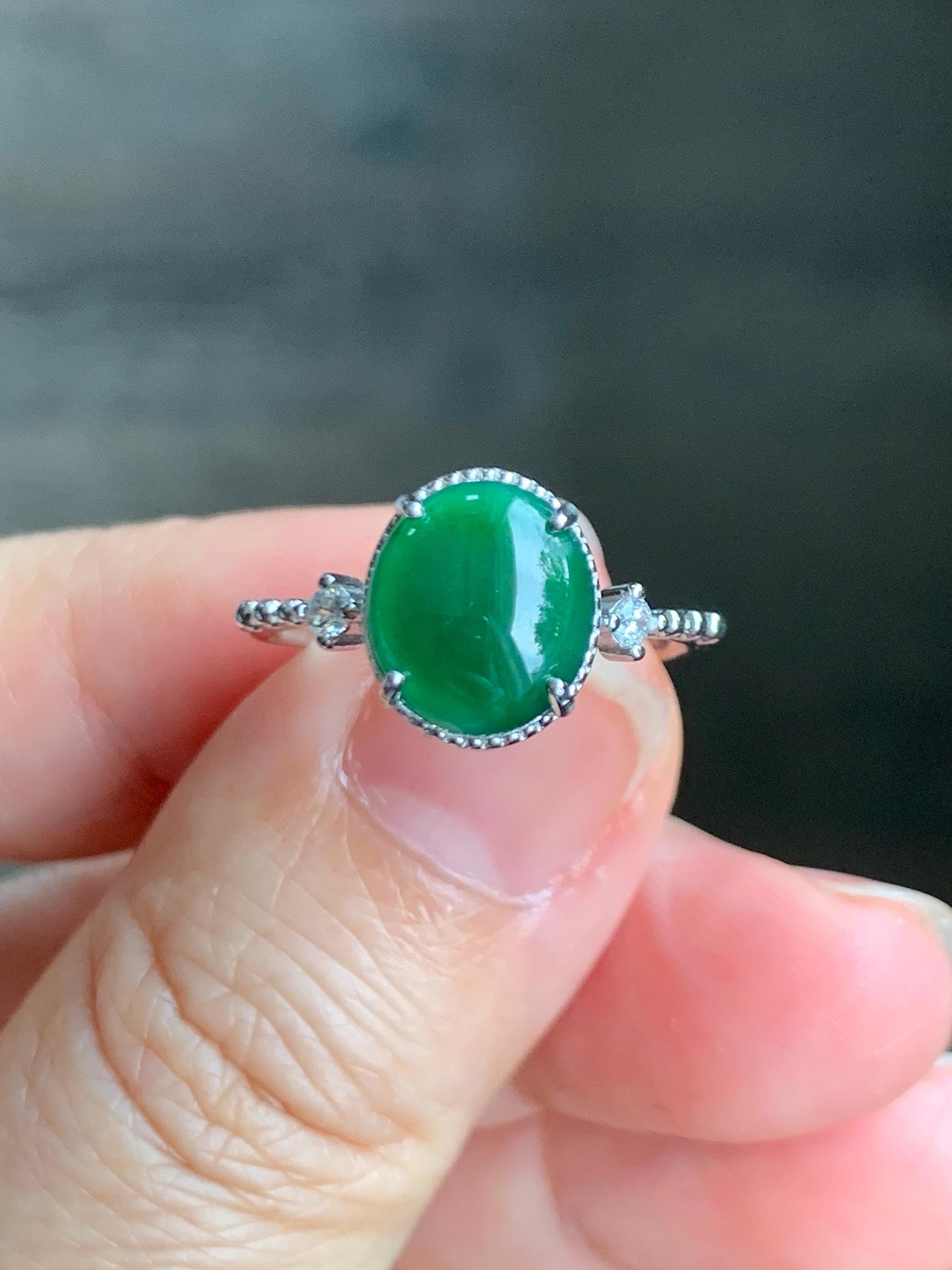 Natural Grade A Guatemalan Icy Translucent Dark Green Oval Cabochon Jade Jadeite Ring Sterling Silver Size Adjustable 天然冰危绿翡翠银镶戒指 WLW88A
