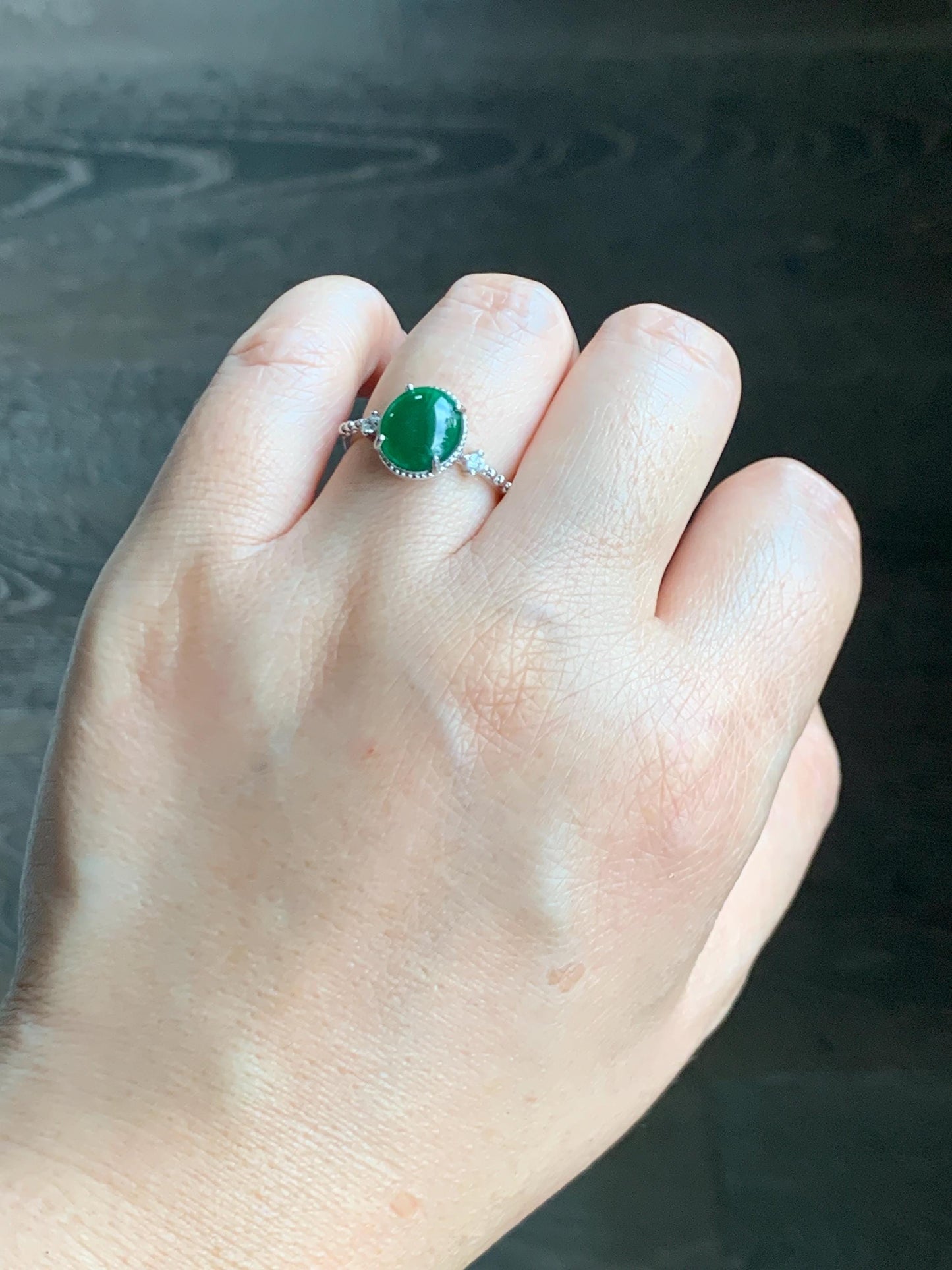 Natural Grade A Guatemalan Icy Translucent Dark Green Oval Cabochon Jade Jadeite Ring Sterling Silver Size Adjustable 天然冰危绿翡翠银镶戒指 WLW88A