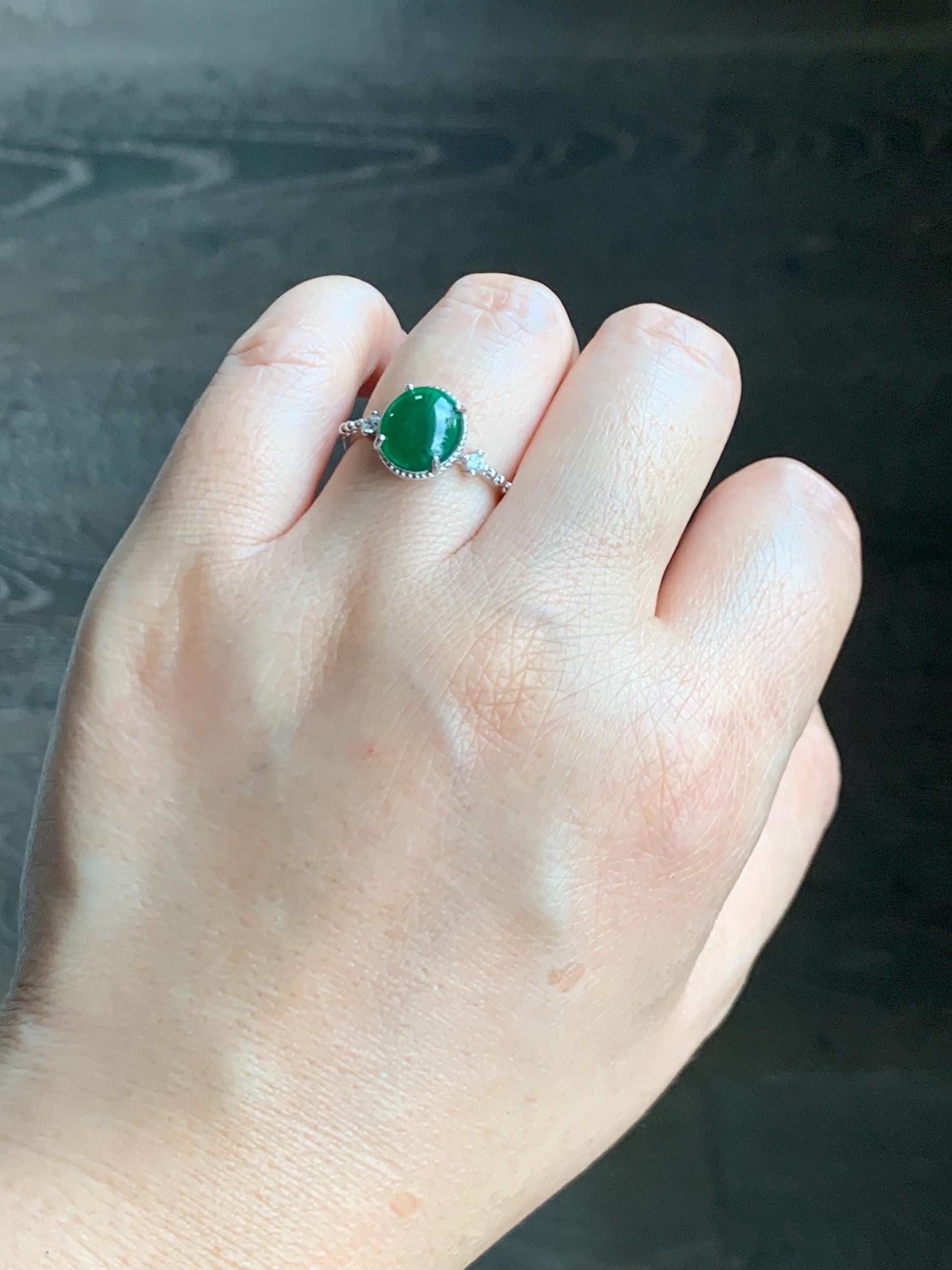 Natural Grade A Guatemalan Icy Translucent Dark Green Oval Cabochon Jade Jadeite Ring Sterling Silver Size Adjustable 天然冰危绿翡翠银镶戒指 WLW88A