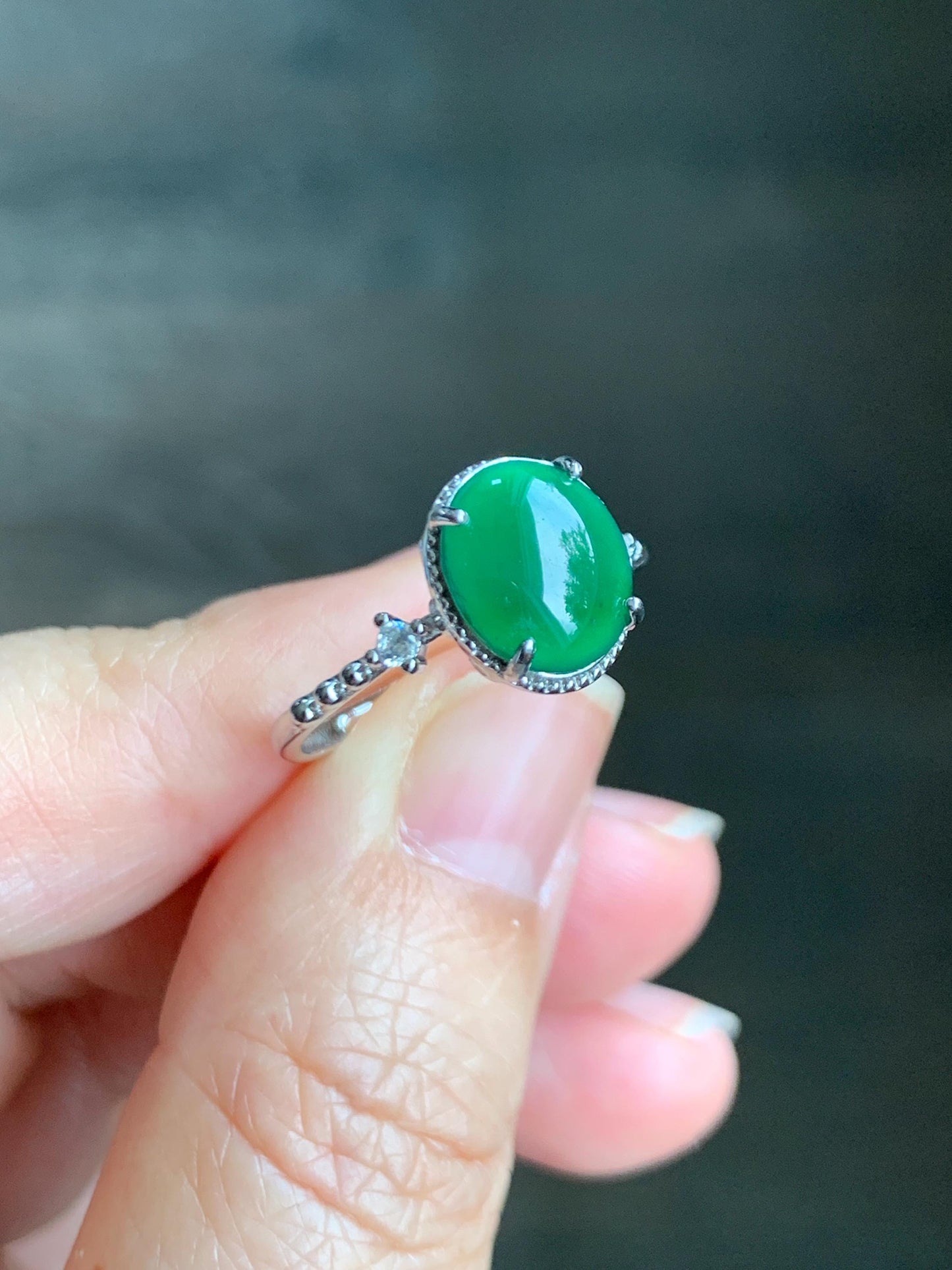 Natural Grade A Guatemalan Icy Translucent Dark Green Oval Cabochon Jade Jadeite Ring Sterling Silver Size Adjustable 天然冰危绿翡翠银镶戒指 WLW88A