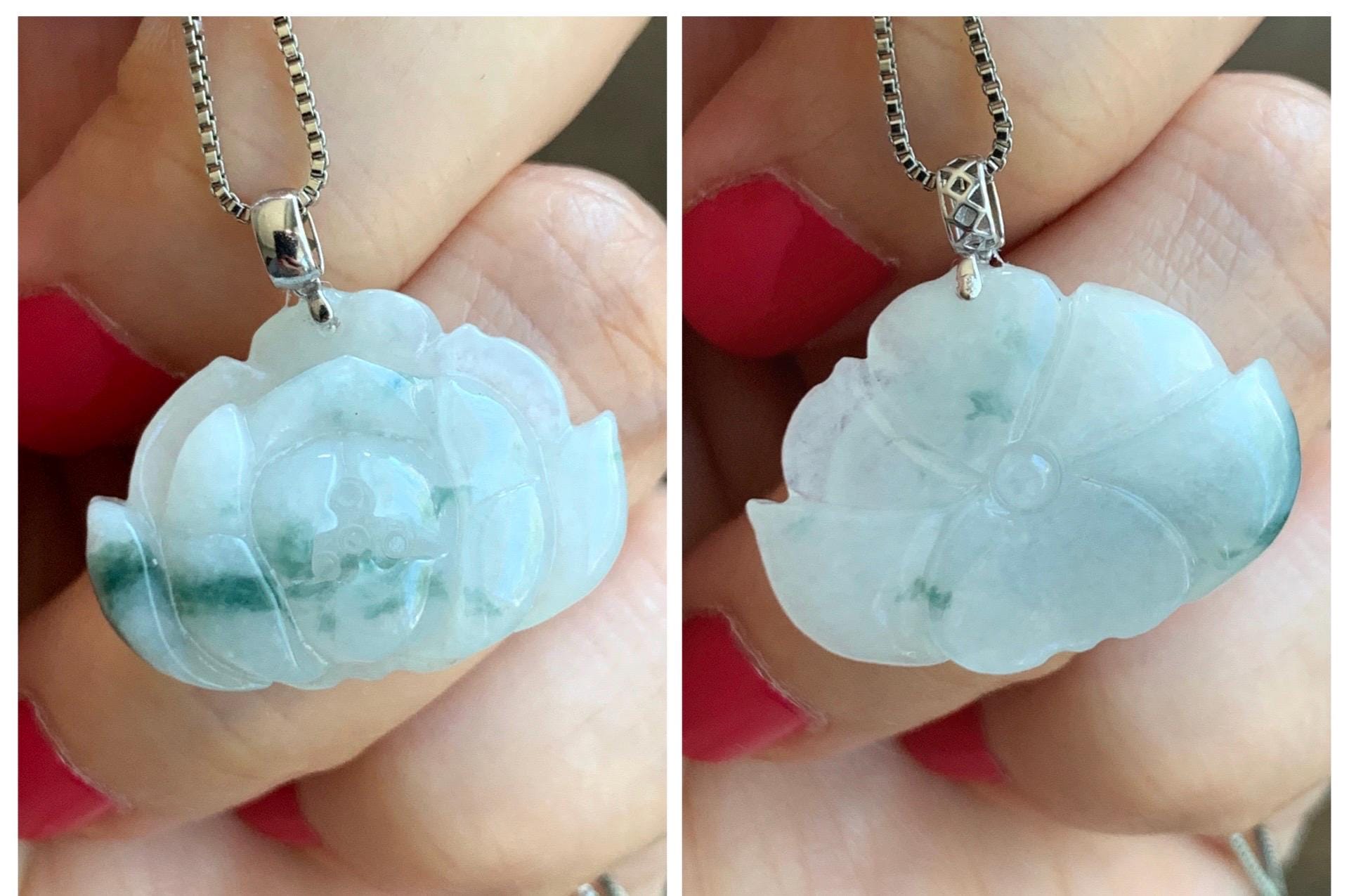 Natural Grade A Icy Translucent Green Marbled Jade Jadeite Carved Lotus Flower Pendant 18K White Gold 4g 天然冰飘花翡翠莲花镶嵌吊坠 MPLH176C