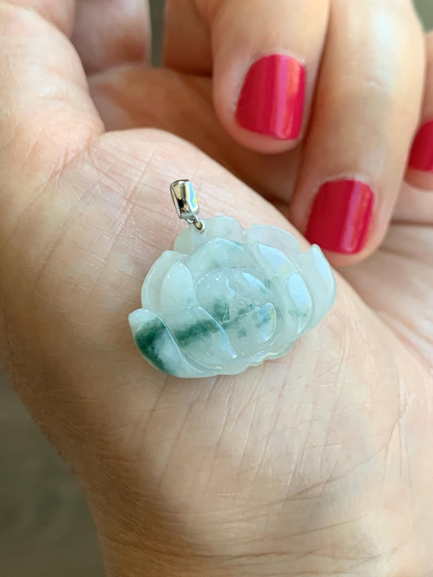 Natural Grade A Icy Translucent Green Marbled Jade Jadeite Carved Lotus Flower Pendant 18K White Gold 4g 天然冰飘花翡翠莲花镶嵌吊坠 MPLH176C