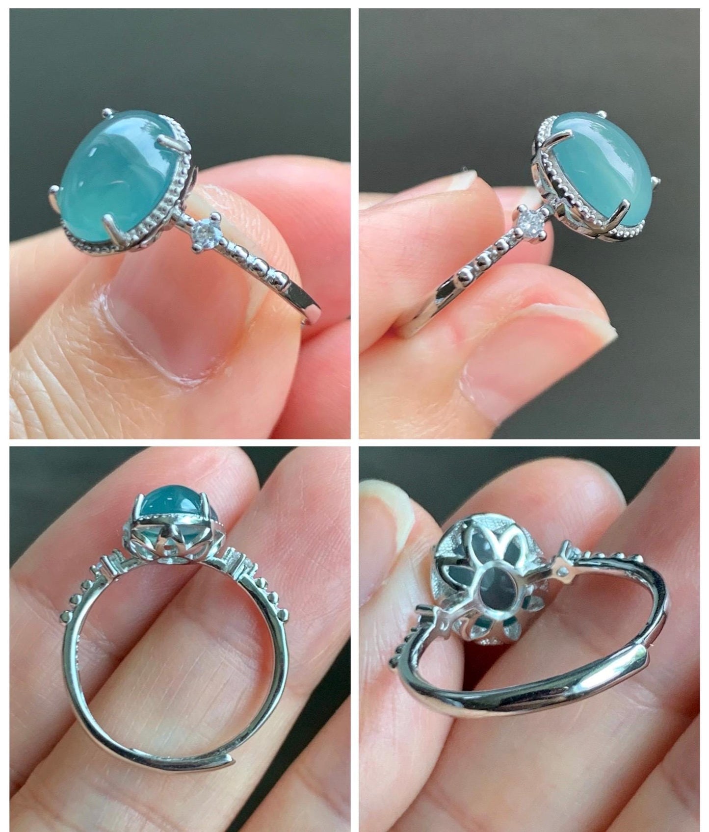 Natural Grade A Guatemalan Icy Translucent Dark Teal Oval Cabochon Jade Jadeite Ring Sterling Silver Size Adjustable 天然冰危蓝翡翠银镶戒指 WLW88B