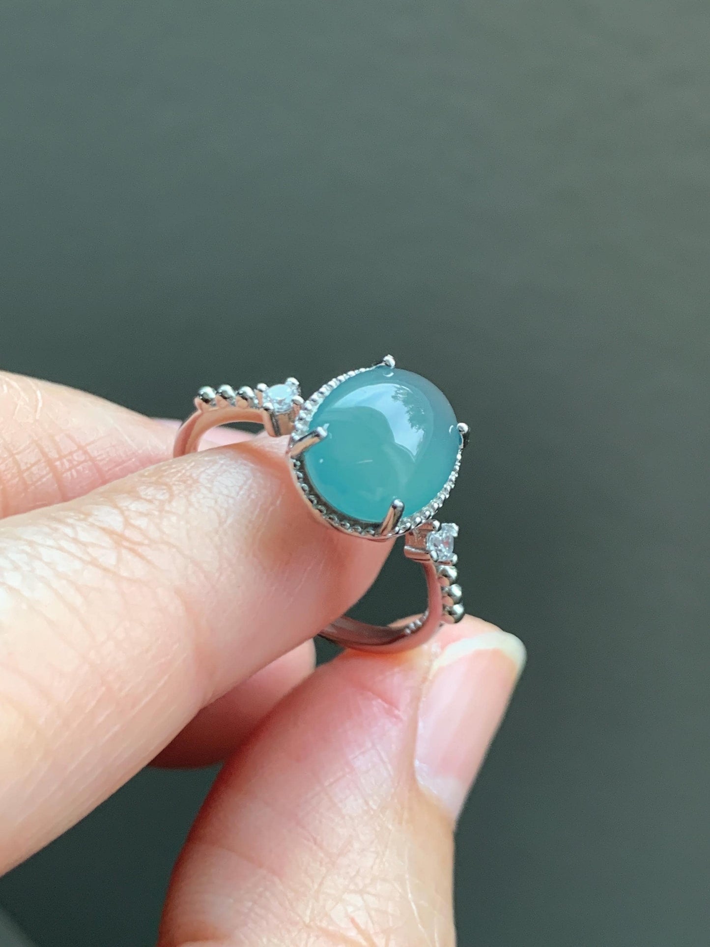 Natural Grade A Guatemalan Icy Translucent Dark Teal Oval Cabochon Jade Jadeite Ring Sterling Silver Size Adjustable 天然冰危蓝翡翠银镶戒指 WLW88B