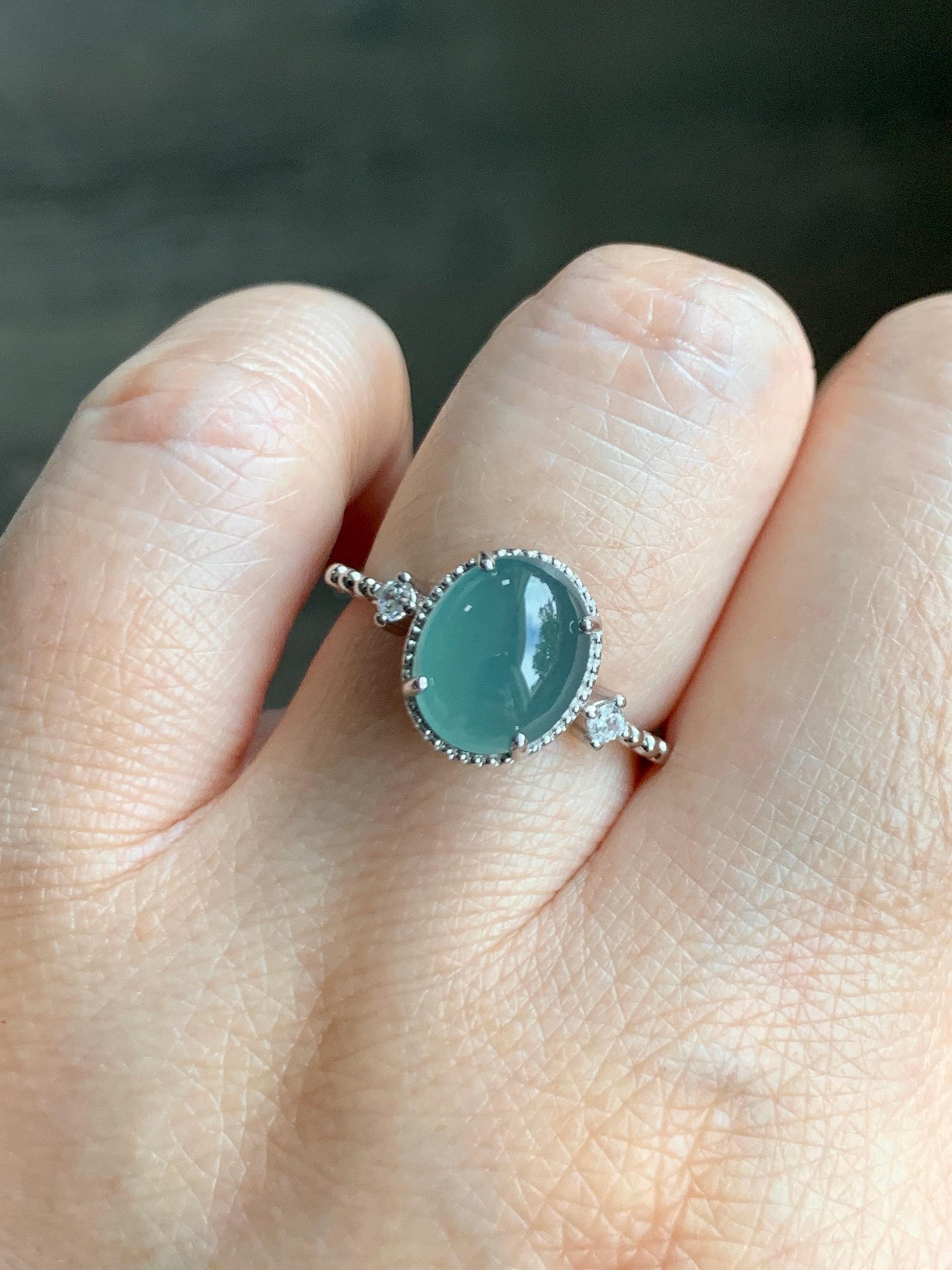 Natural Grade A Guatemalan Icy Translucent Dark Teal Oval Cabochon Jade Jadeite Ring Sterling Silver Size Adjustable 天然冰危蓝翡翠银镶戒指 WLW88B