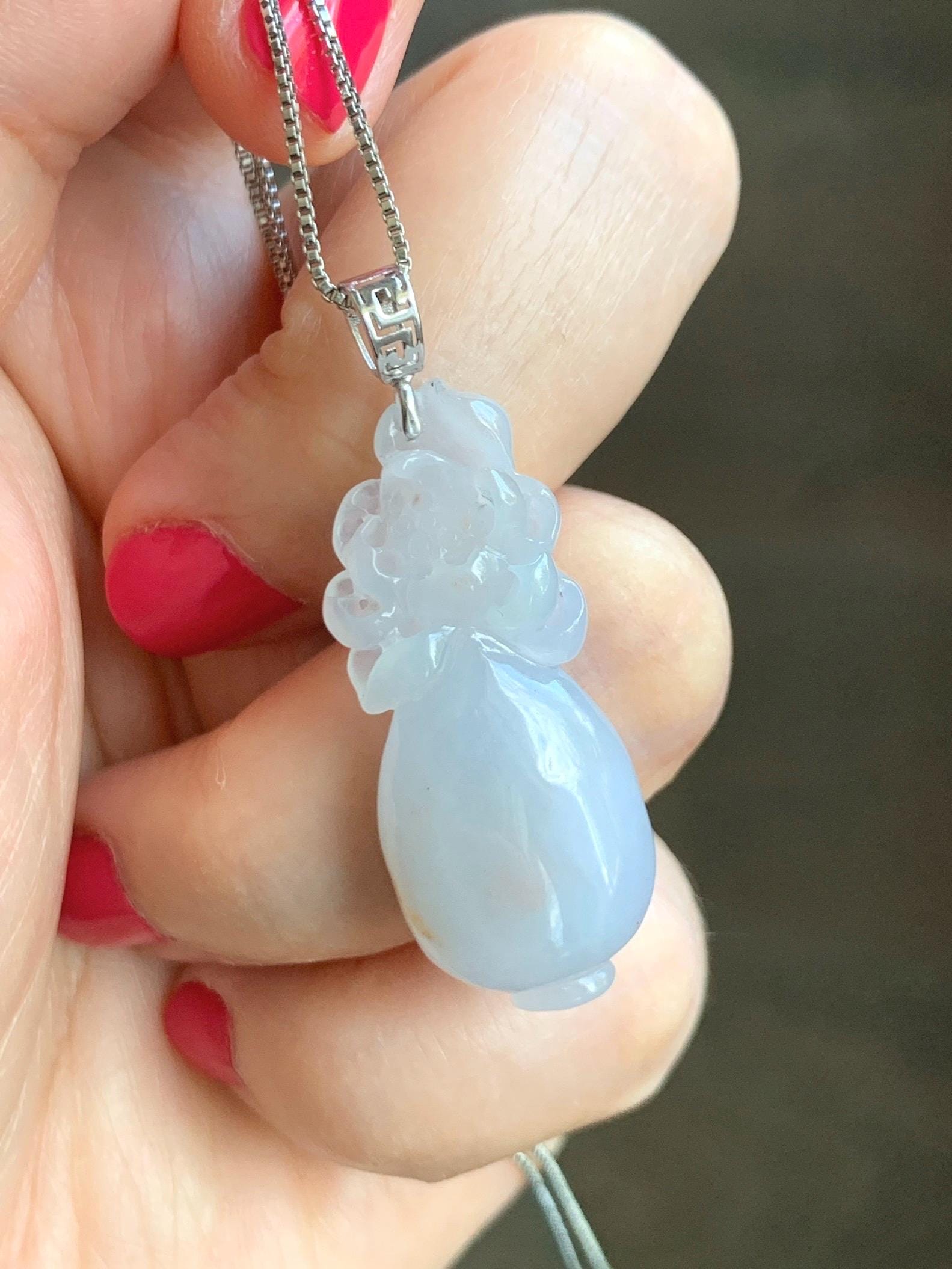 Natural Grade A Icy Translucent Pastel Golden Brown Marbled Jade Jadeite Lotus Flower Vase Pendant 18K White Gold 天然冰胶淡藕粉撒金翡翠莲花宝瓶吊坠 MHP376B