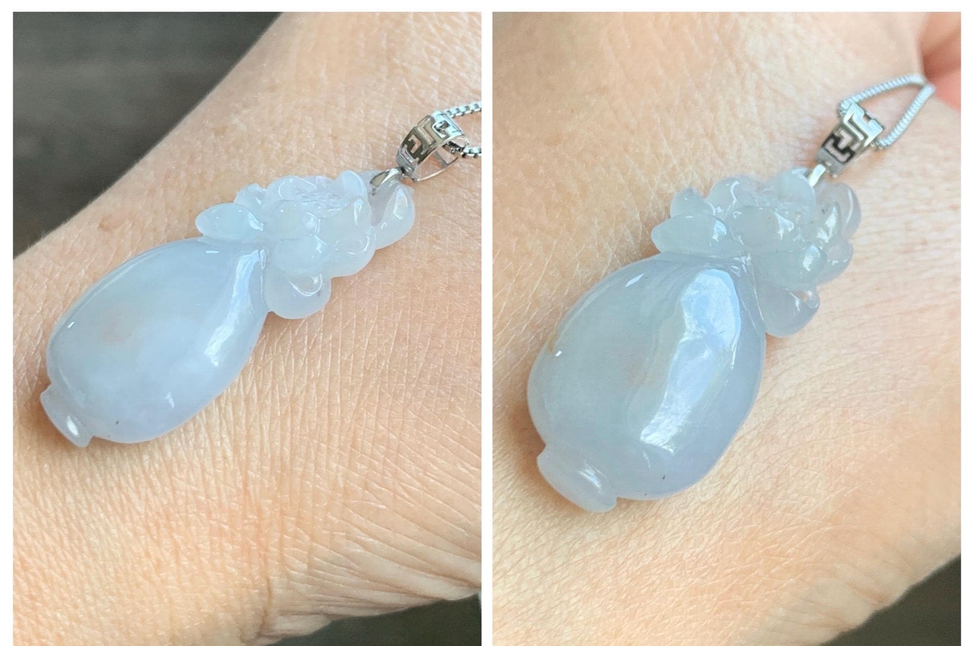 Natural Grade A Icy Translucent Pastel Golden Brown Marbled Jade Jadeite Lotus Flower Vase Pendant 18K White Gold 天然冰胶淡藕粉撒金翡翠莲花宝瓶吊坠 MHP376B