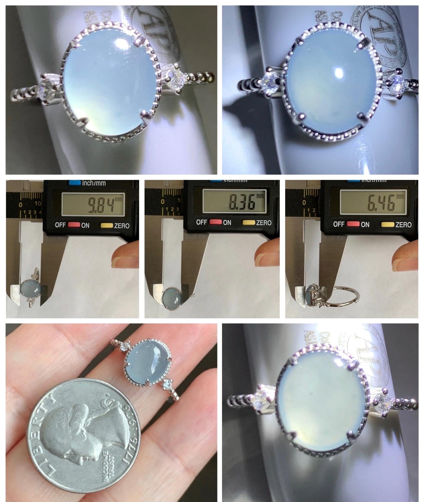 Natural Grade A Guatemalan Icy Translucent Light Blue Oval Cabochon Jade Jadeite Ring Sterling Silver Size Adjustable 天然冰危淡蓝翡翠银镶戒指 WLW88C