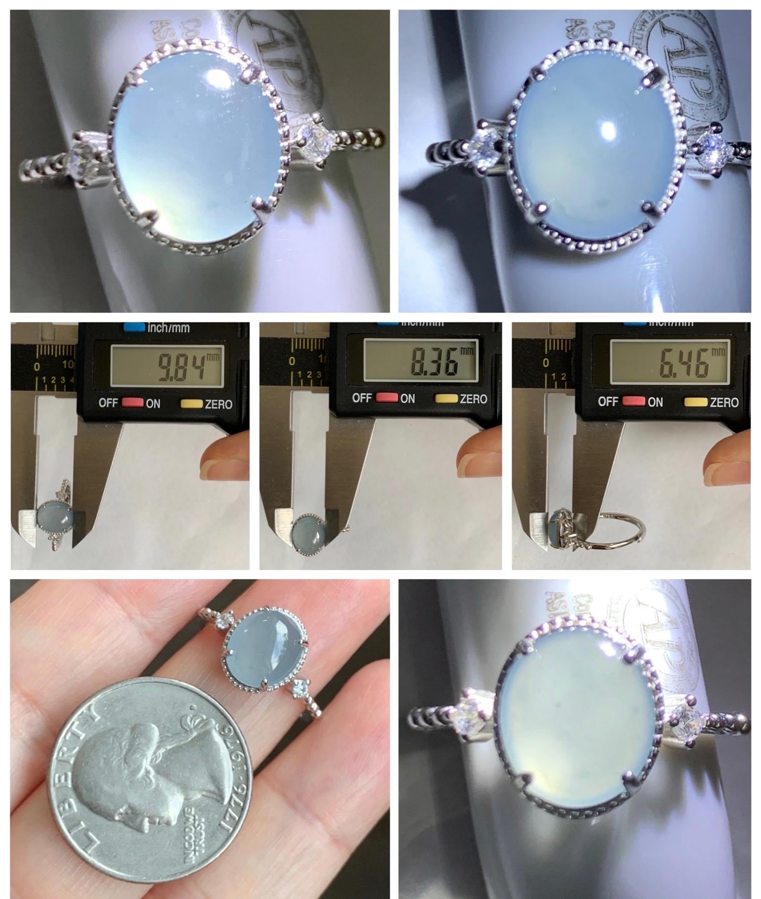 Natural Grade A Guatemalan Icy Translucent Light Blue Oval Cabochon Jade Jadeite Ring Sterling Silver Size Adjustable 天然冰危淡蓝翡翠银镶戒指 WLW88C