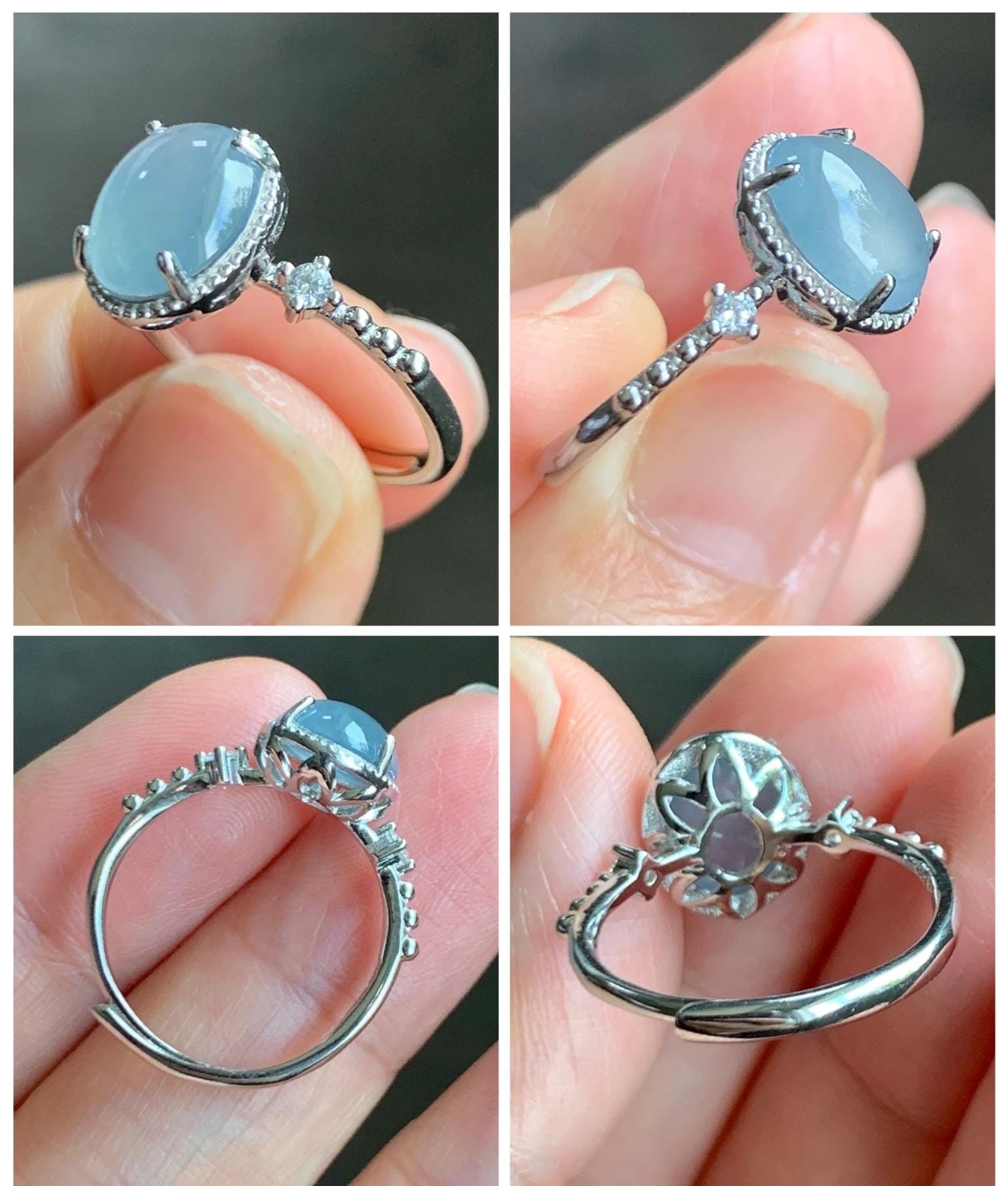 Natural Grade A Guatemalan Icy Translucent Light Blue Oval Cabochon Jade Jadeite Ring Sterling Silver Size Adjustable 天然冰危淡蓝翡翠银镶戒指 WLW88C