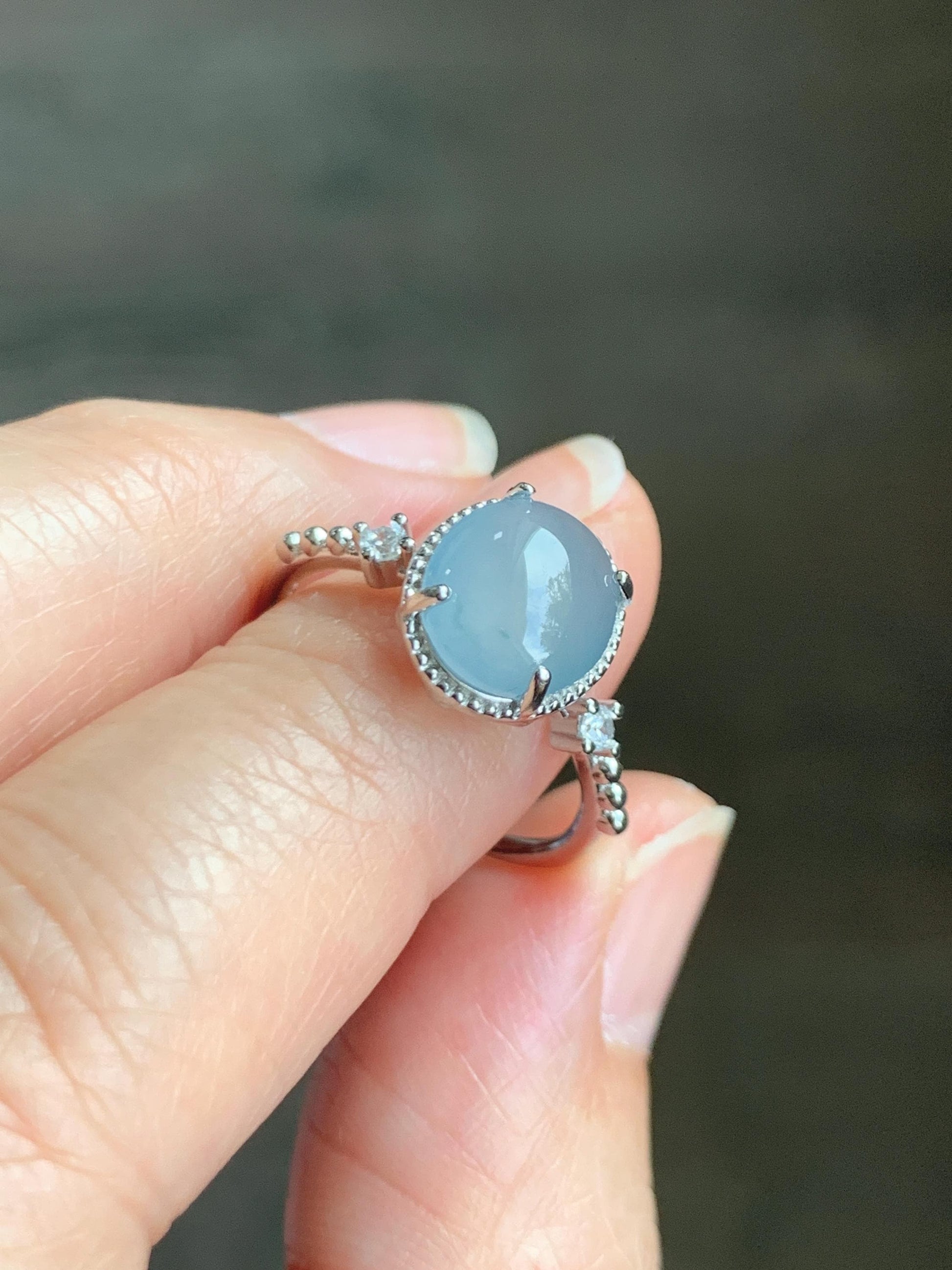 Natural Grade A Guatemalan Icy Translucent Light Blue Oval Cabochon Jade Jadeite Ring Sterling Silver Size Adjustable 天然冰危淡蓝翡翠银镶戒指 WLW88C
