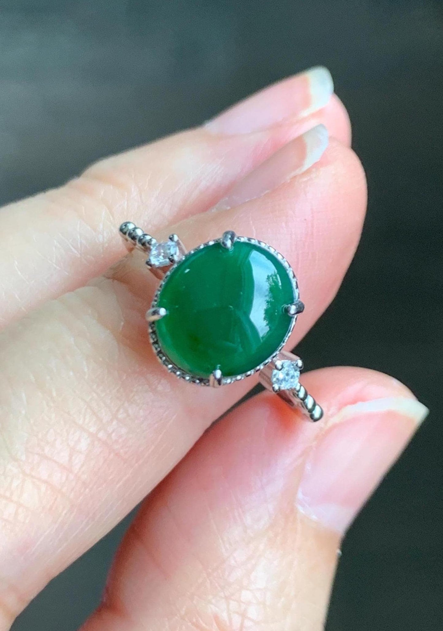 Natural Grade A Guatemalan Icy Translucent Dark Green Oval Cabochon Jade Jadeite Ring Sterling Silver Size Adjustable 天然冰危绿翡翠银镶戒指 WLW88A