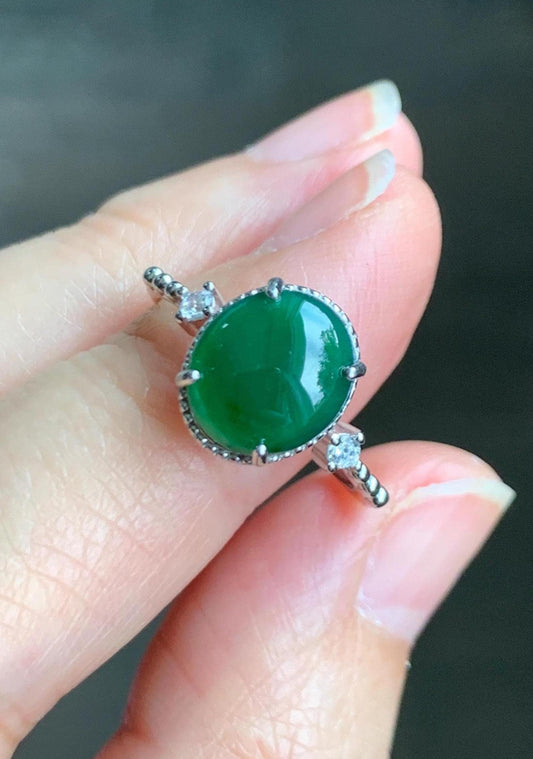 Natural Grade A Guatemalan Icy Translucent Dark Green Oval Cabochon Jade Jadeite Ring Sterling Silver Size Adjustable 天然冰危绿翡翠银镶戒指 WLW88A