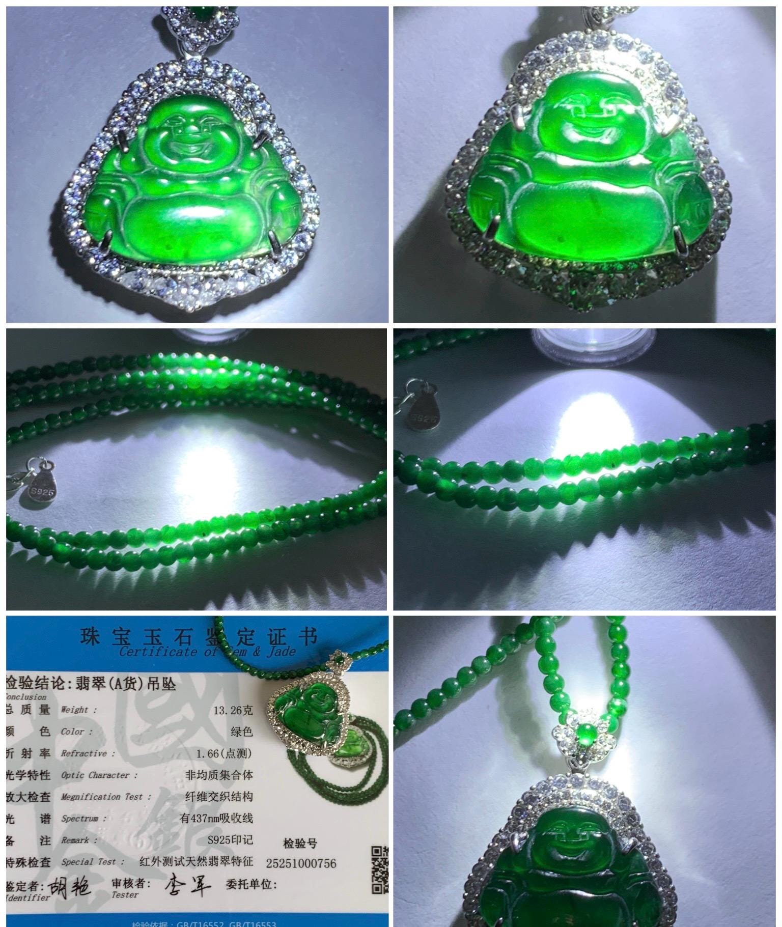 Certified Natural Guatemalan Icy Translucent Vibrant Green Jade Jadeite Buddha Pendant Sterling Silver Beaded Necklace 天然冰危绿翡翠佛公吊坠绿翡翠珠项链 756