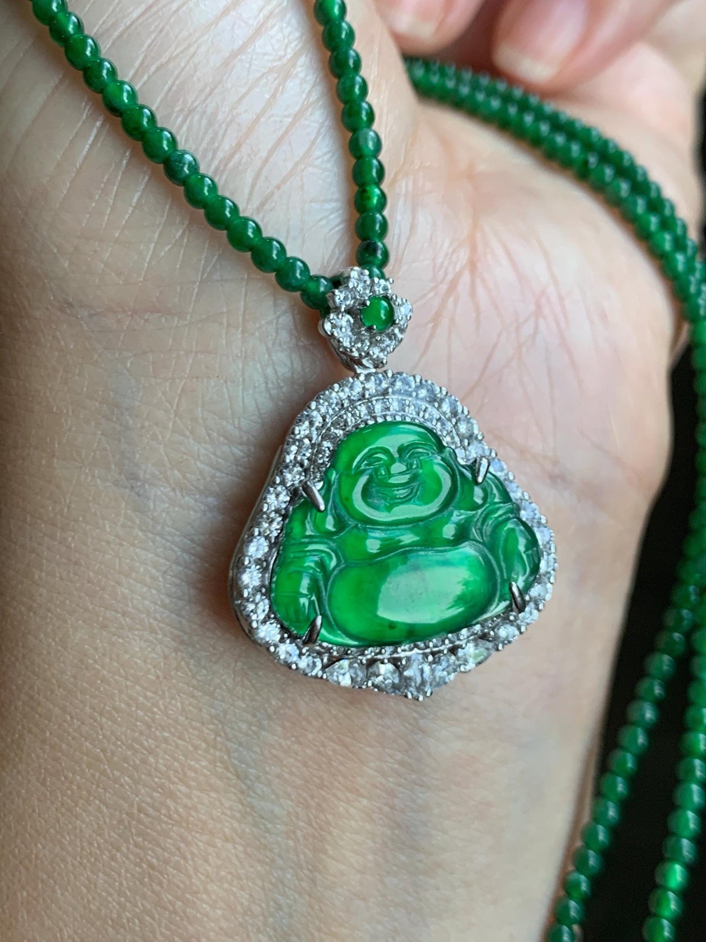 Certified Natural Guatemalan Icy Translucent Vibrant Green Jade Jadeite Buddha Pendant Sterling Silver Beaded Necklace 天然冰危绿翡翠佛公吊坠绿翡翠珠项链 756