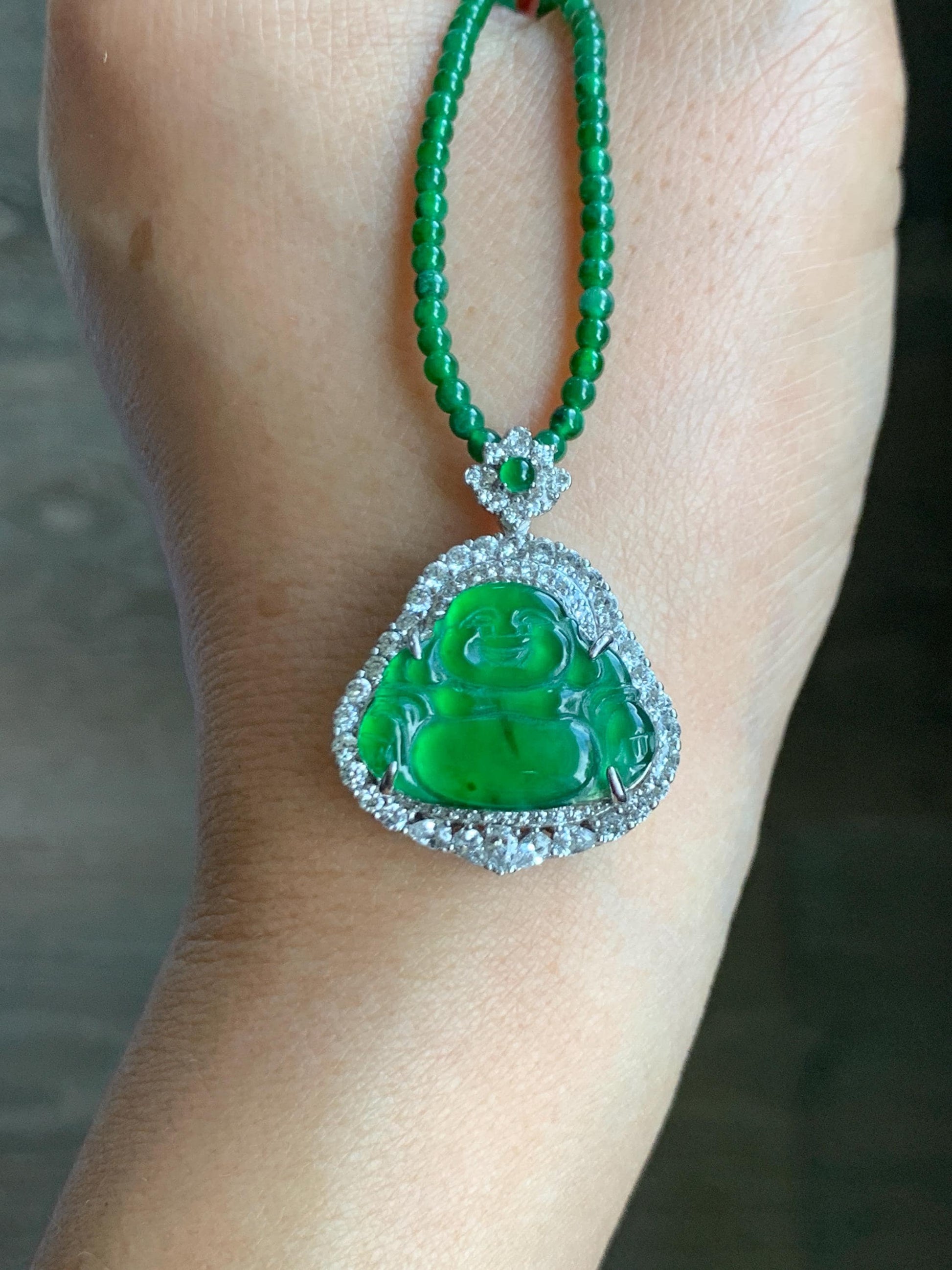 Certified Natural Guatemalan Icy Translucent Vibrant Green Jade Jadeite Buddha Pendant Sterling Silver Beaded Necklace 天然冰危绿翡翠佛公吊坠绿翡翠珠项链 756