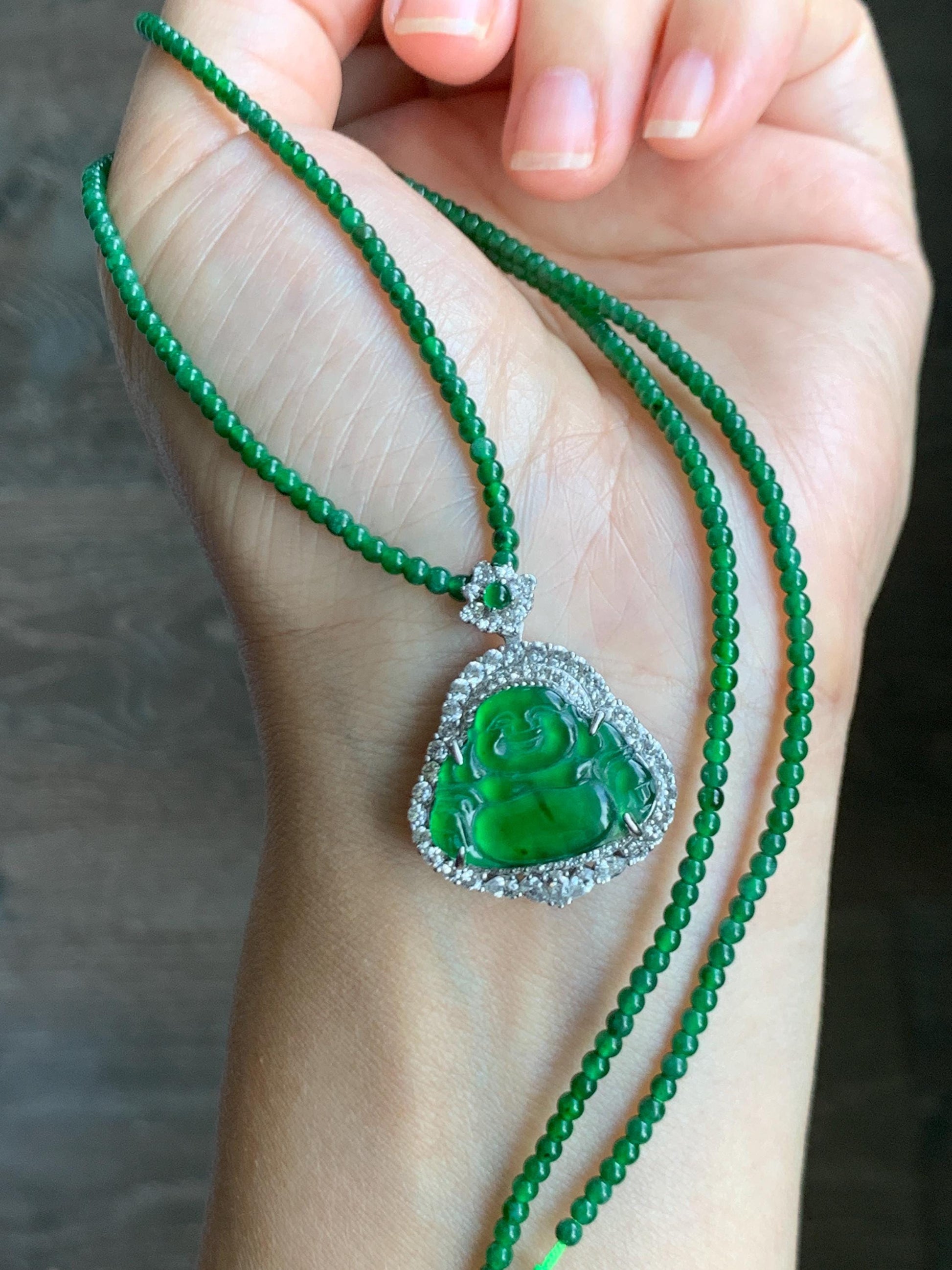 Certified Natural Guatemalan Icy Translucent Vibrant Green Jade Jadeite Buddha Pendant Sterling Silver Beaded Necklace 天然冰危绿翡翠佛公吊坠绿翡翠珠项链 756