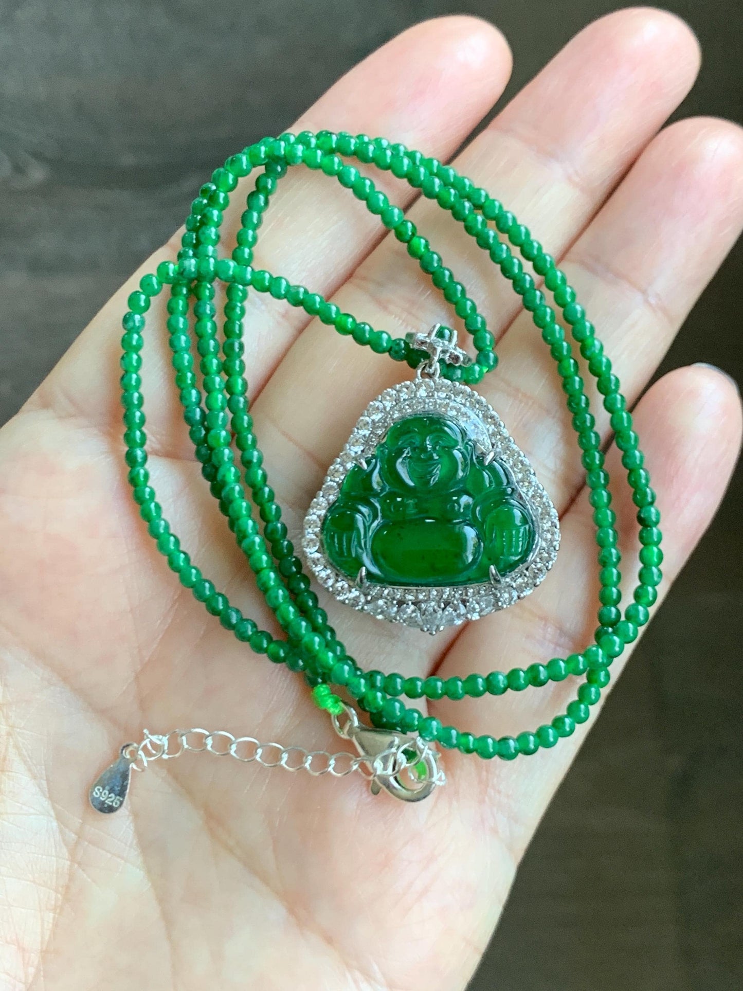 Certified Natural Guatemalan Icy Translucent Vibrant Green Jade Jadeite Buddha Pendant Sterling Silver Beaded Necklace 天然冰危绿翡翠佛公吊坠绿翡翠珠项链 755