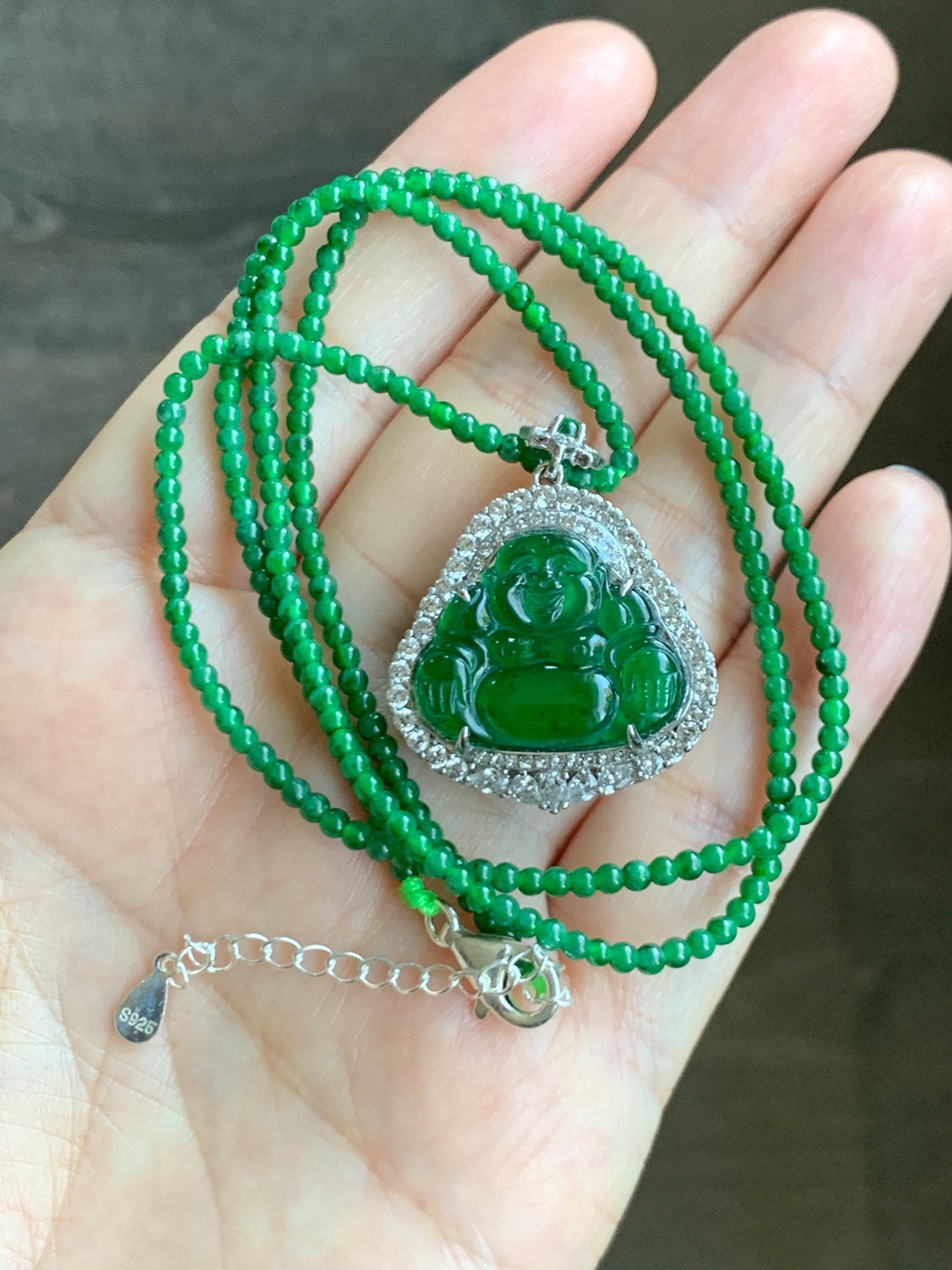 Certified Natural Guatemalan Icy Translucent Vibrant Green Jade Jadeite Buddha Pendant Sterling Silver Beaded Necklace 天然冰危绿翡翠佛公吊坠绿翡翠珠项链 755